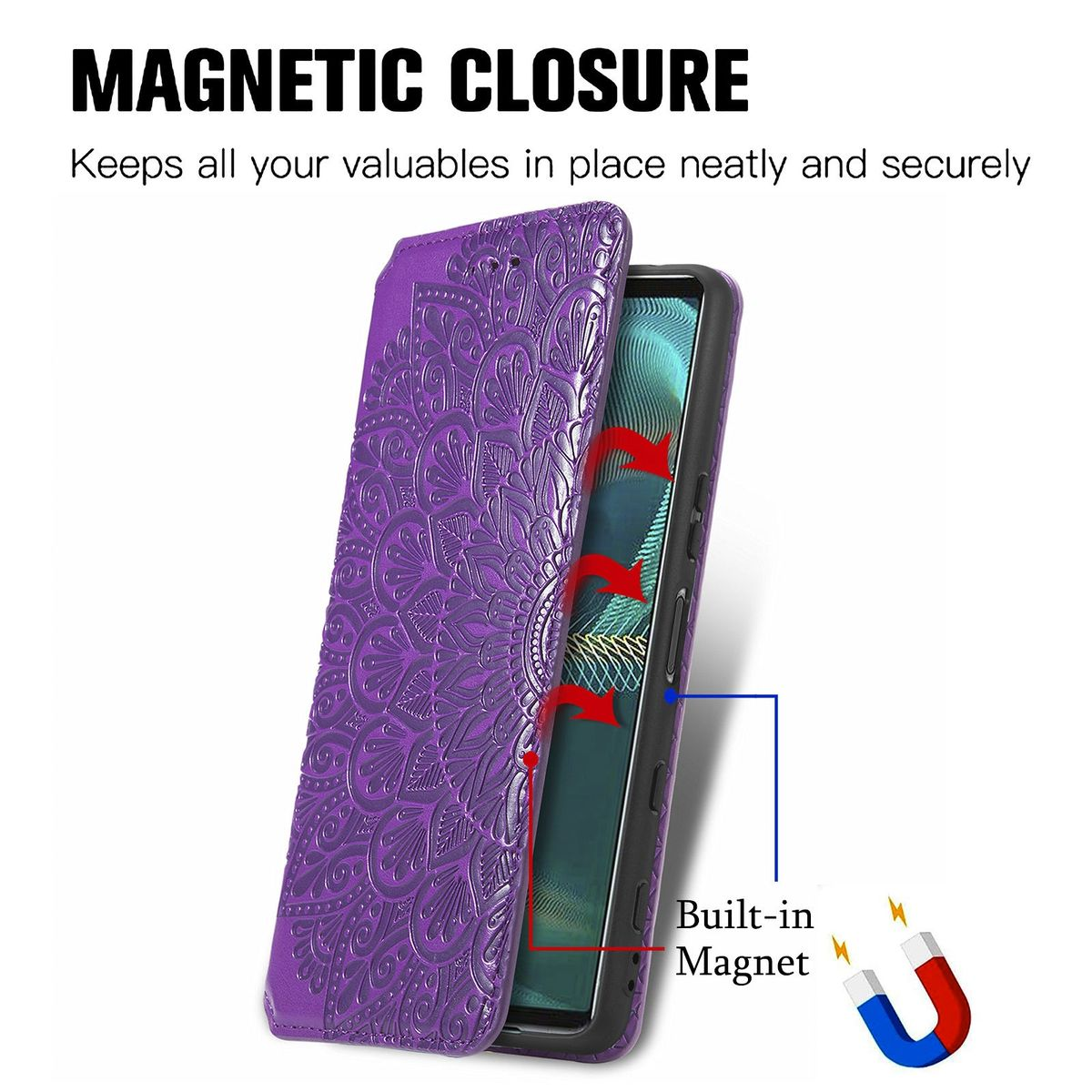 Lila Handyhülle mit Mandala-Design, offen. Ein eingebauter Magnet wird mit roten Pfeilen hervorgehoben.