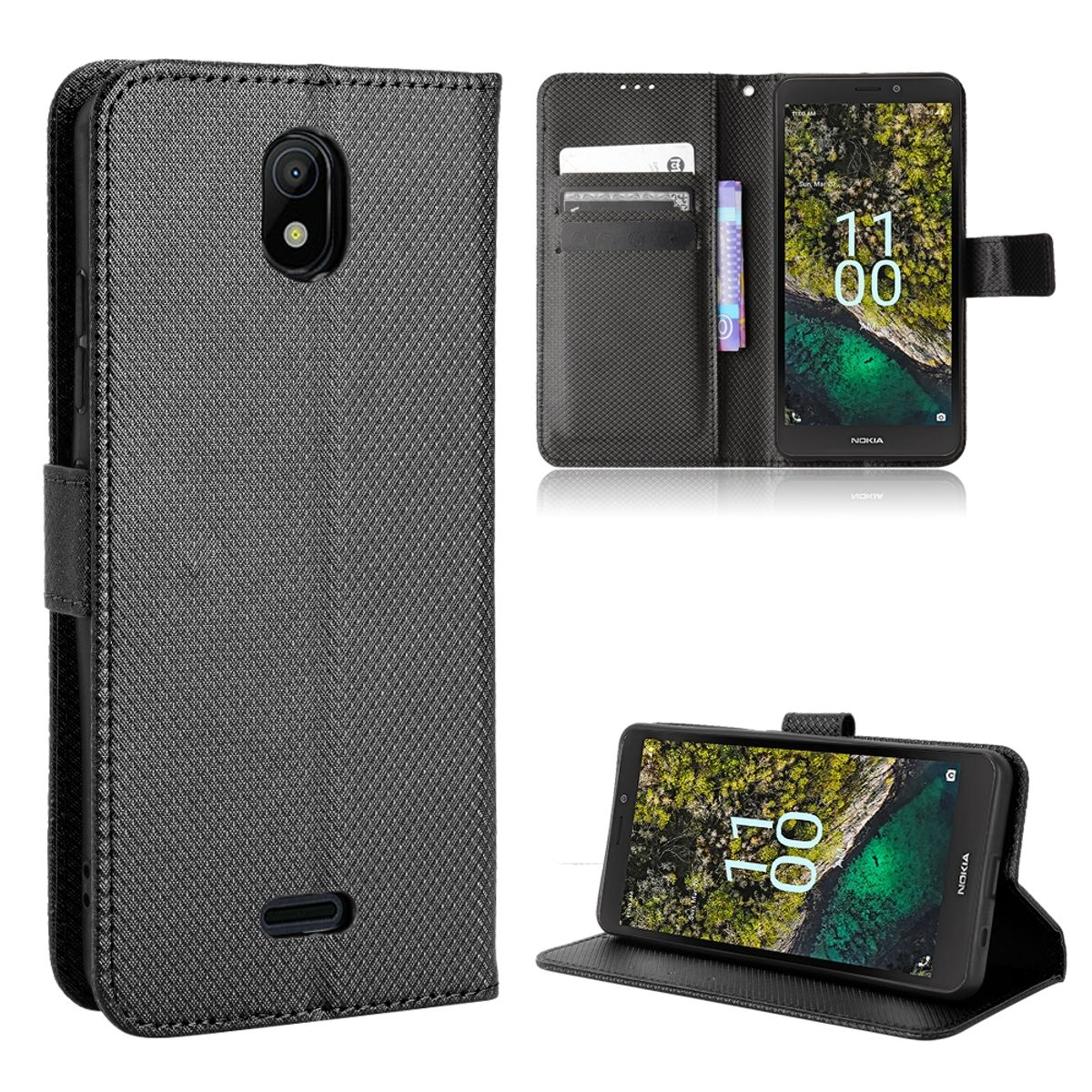 Eine schwarze Handyhülle. Mehrere Ansichten der Hülle mit einem Telefon darin. Hülle mit strukturierter Oberfläche.