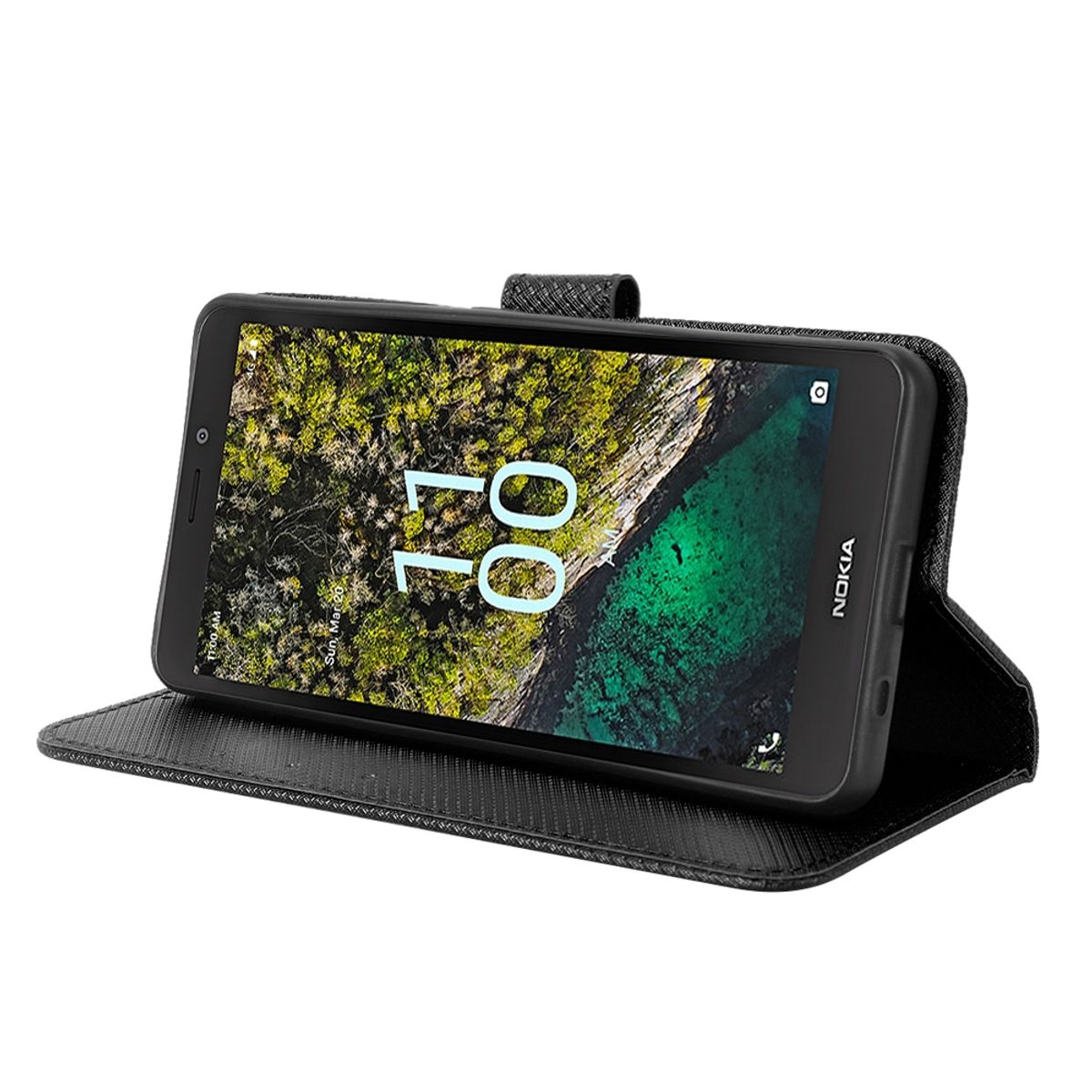Schwarze Handyhülle mit Telefon im Inneren, zeigt einen Bildschirm mit Landschaft.