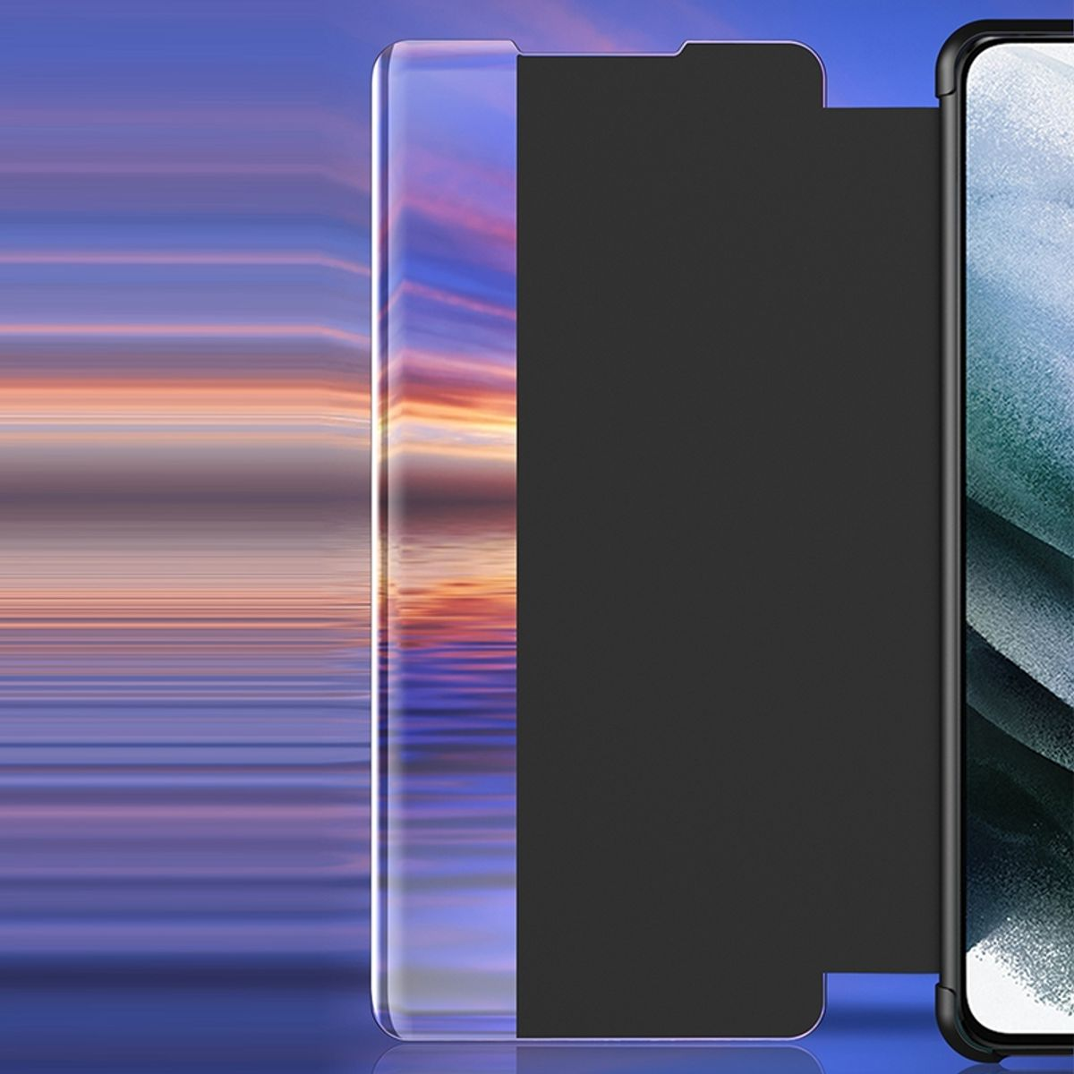 Telefonbildschirm mit farbenfrohem Hintergrund, mit durchsichtiger Hülle.