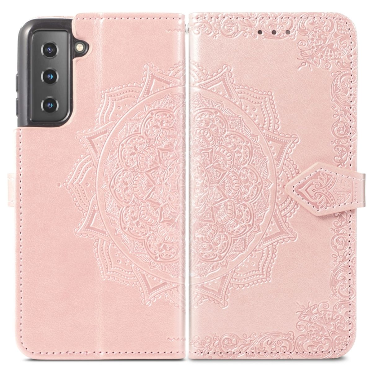 Pinkfarbene Handyhülle mit Mandala-Design. Die Hülle ist geschlossen. Brauner Lederhintergrund.
