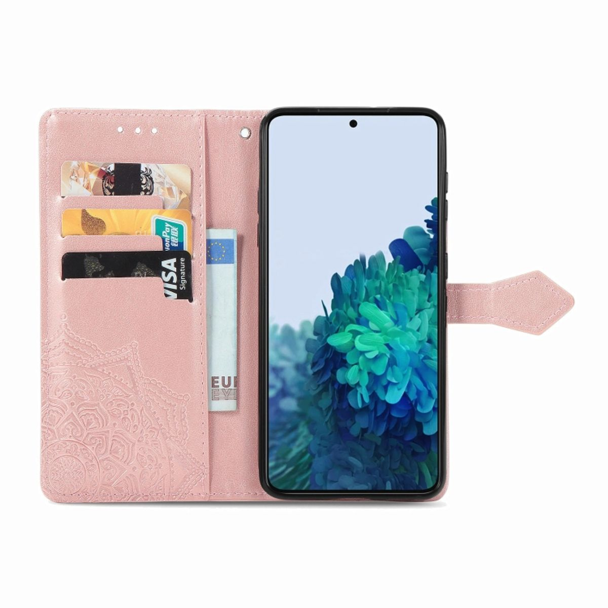 Rosa Handyhülle mit Karten und Geld. Telefon offen. Mit Mandala verziert. Weißer Hintergrund.