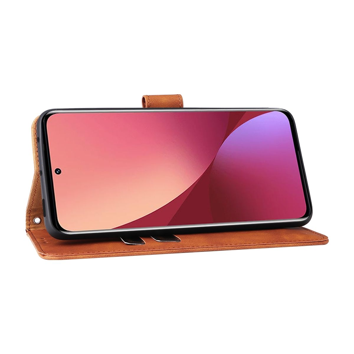 Braune Handyhülle mit einem Telefon, das einen farbenfrohen Bildschirm anzeigt. Weißer Hintergrund.
