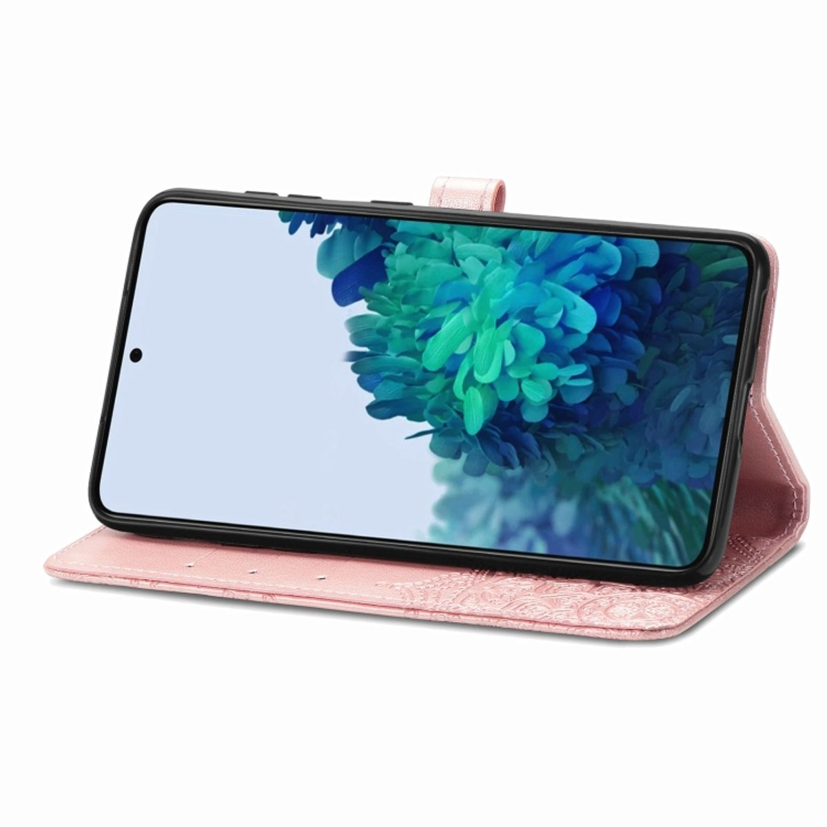 Rosa Handyhülle offen, ein Telefon darin. Das Telefon zeigt ein grünes und blaues abstraktes Design.
