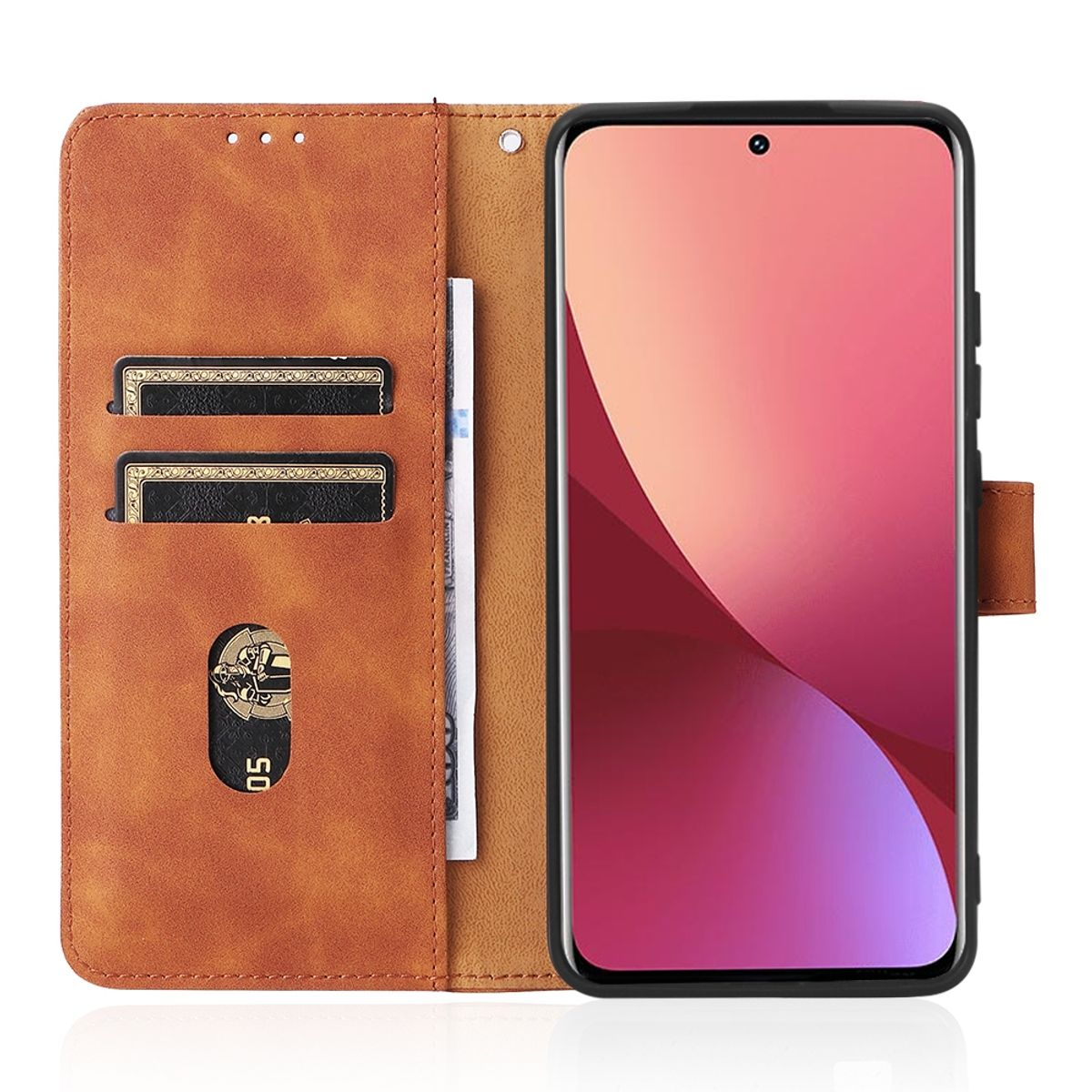 Braune Leder-Handyhülle mit Karten und Telefon. Der Telefonbildschirm zeigt ein farbenfrohes Design.