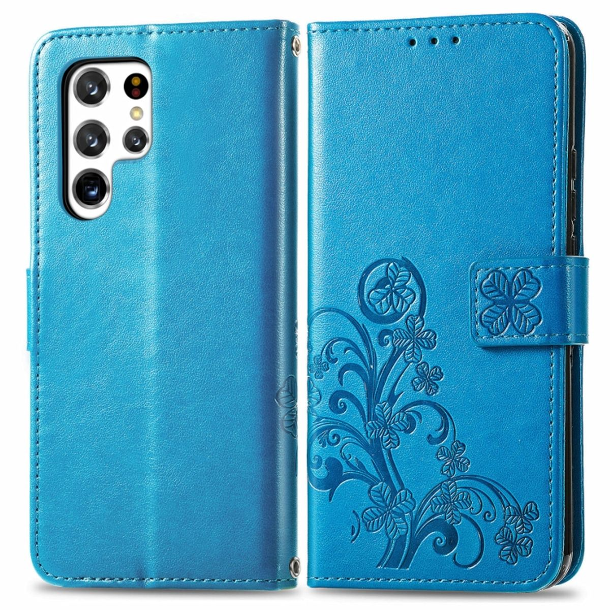 Blaue Handyhülle, offen, zeigt Telefon links und Design rechts.