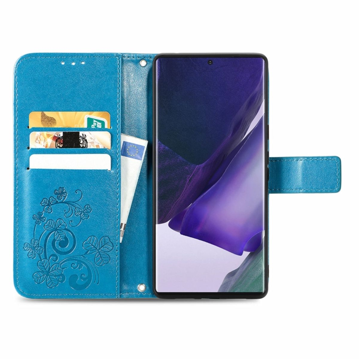 Blaue Handyhülle im Portemonnaie-Design mit Blumenmuster, Kartenfächern und Telefonbildschirm.