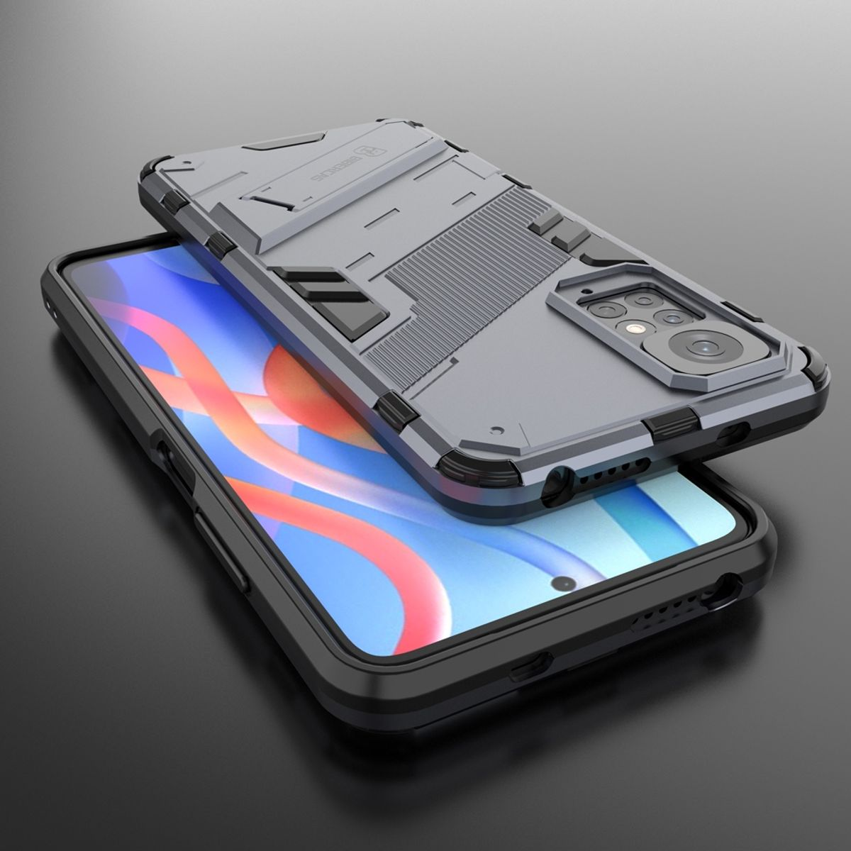 Ein Telefon in einer grauen Hülle, das auf einem anderen Telefon liegt. Die Hülle hat ein strukturiertes Design.