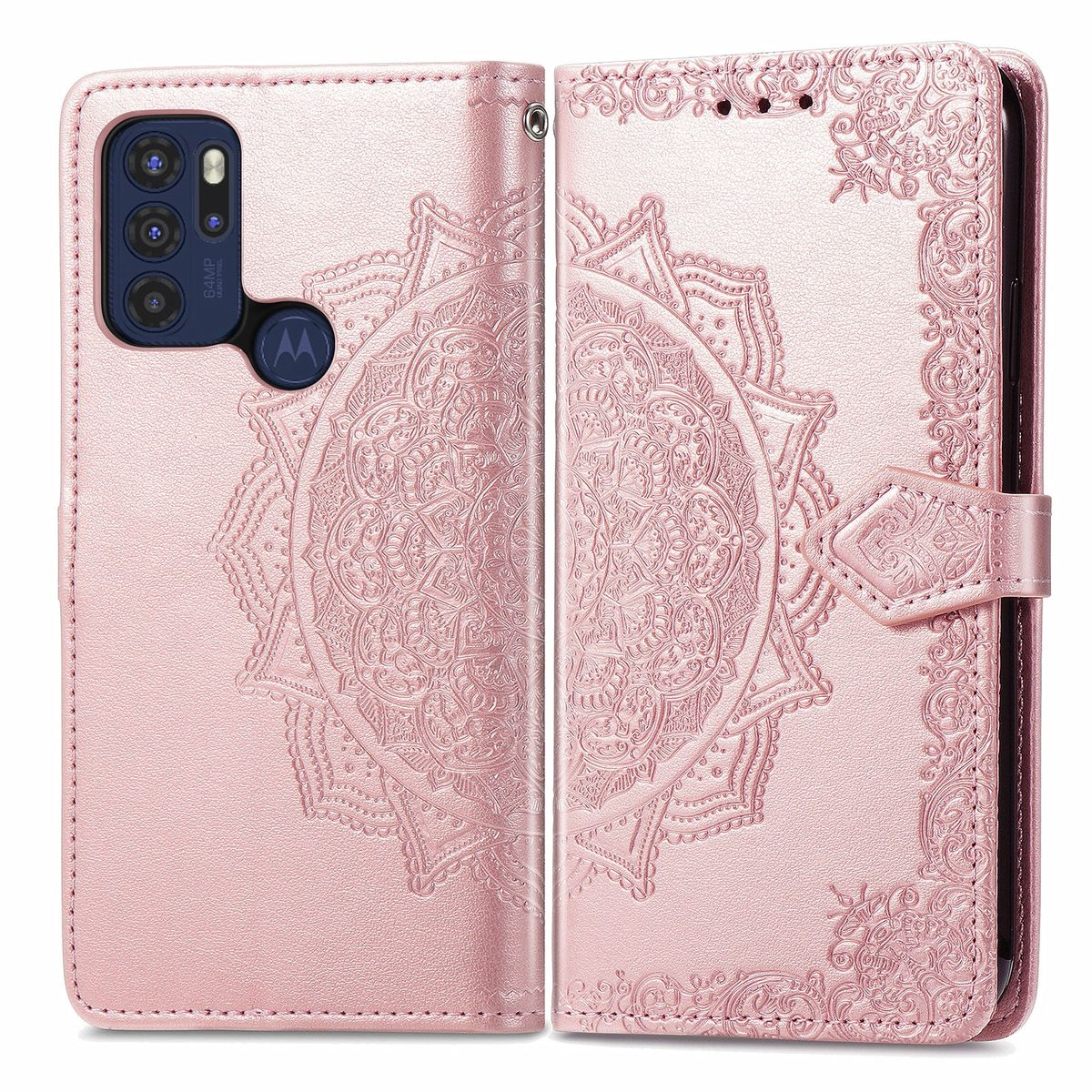 Rosa Handyhülle offen, rosa Mandala-Design. Die Hülle auf weißem Hintergrund.
