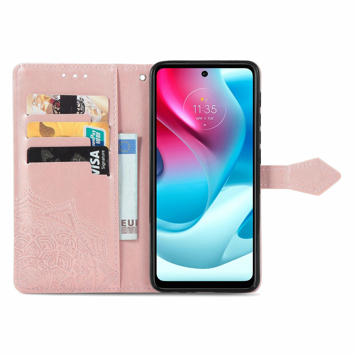 Geöffnete rosa Handyhülle mit Telefon und Kartenfächern. Der Bildschirm zeigt ein blaues und grünes Design.
