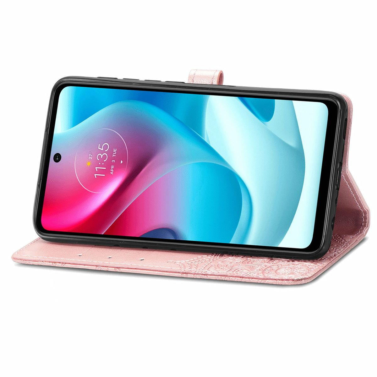 Rosa Handyhülle mit floralem Design, offen. Telefonbildschirm zeigt nach oben mit sichtbaren Apps.