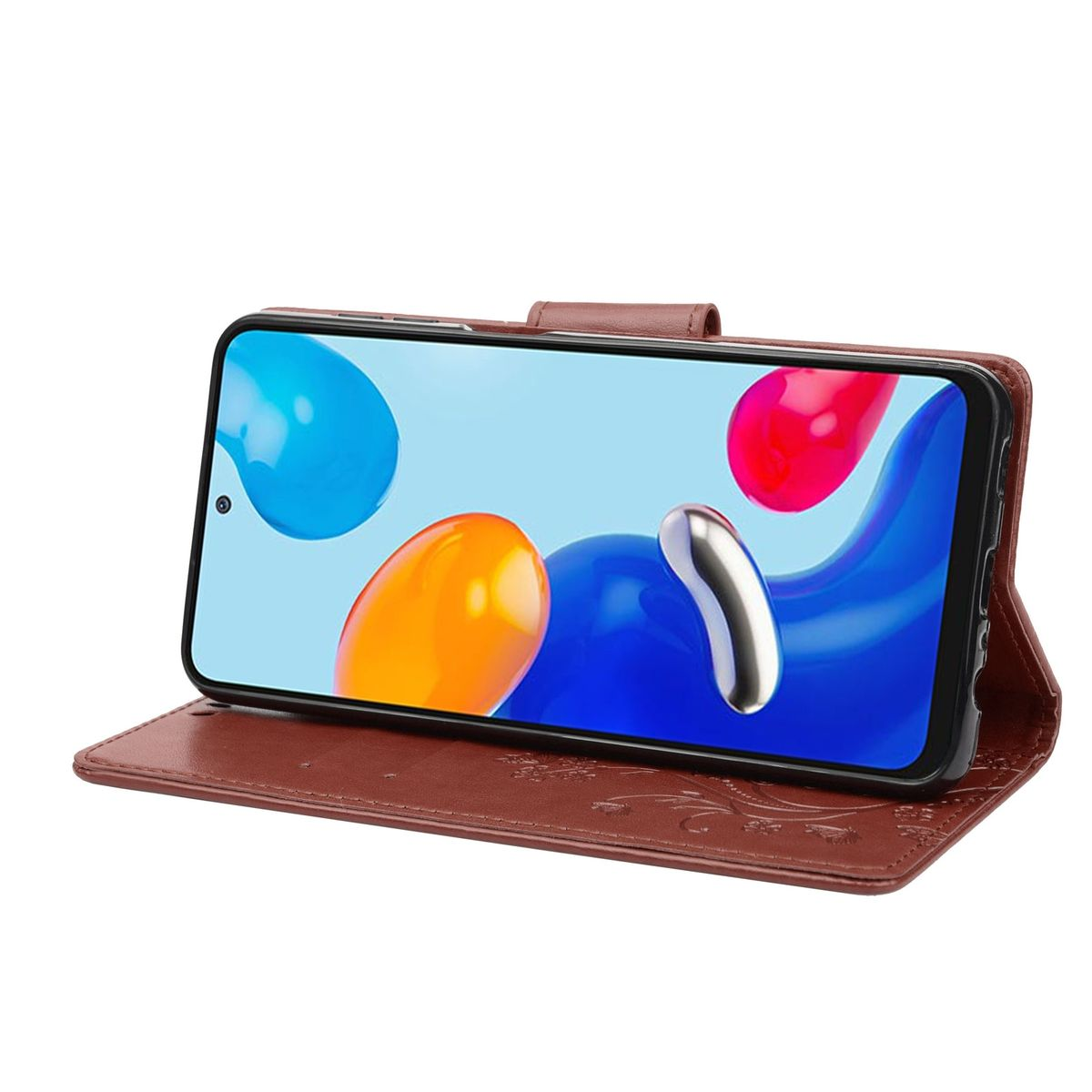 Geöffnete braune Handyhülle mit Telefon, das einen farbenfrohen Hintergrund zeigt.