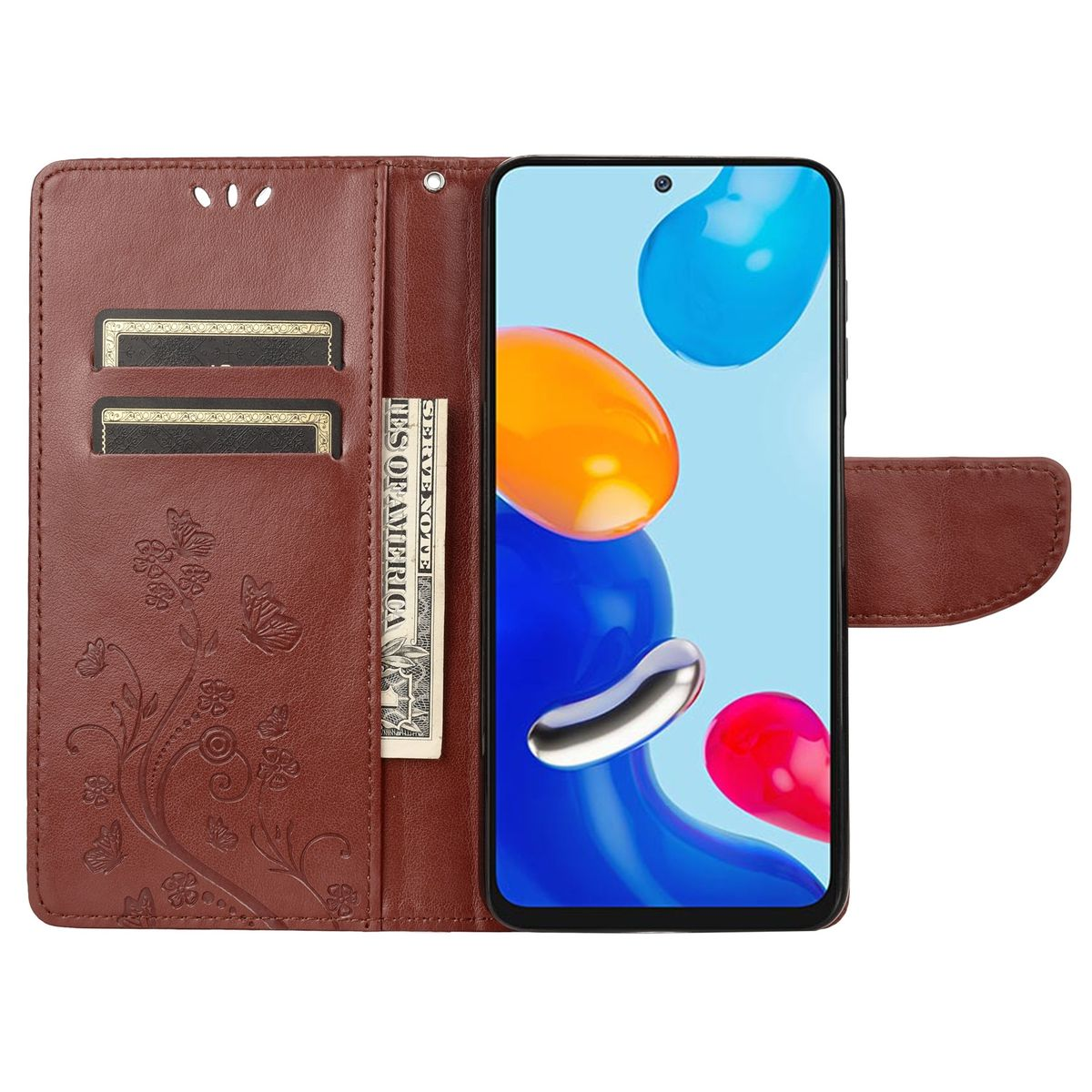 Braune Handyhülle mit Telefon darin. Hat Kartenfächer. Der Hintergrund ist weiß.