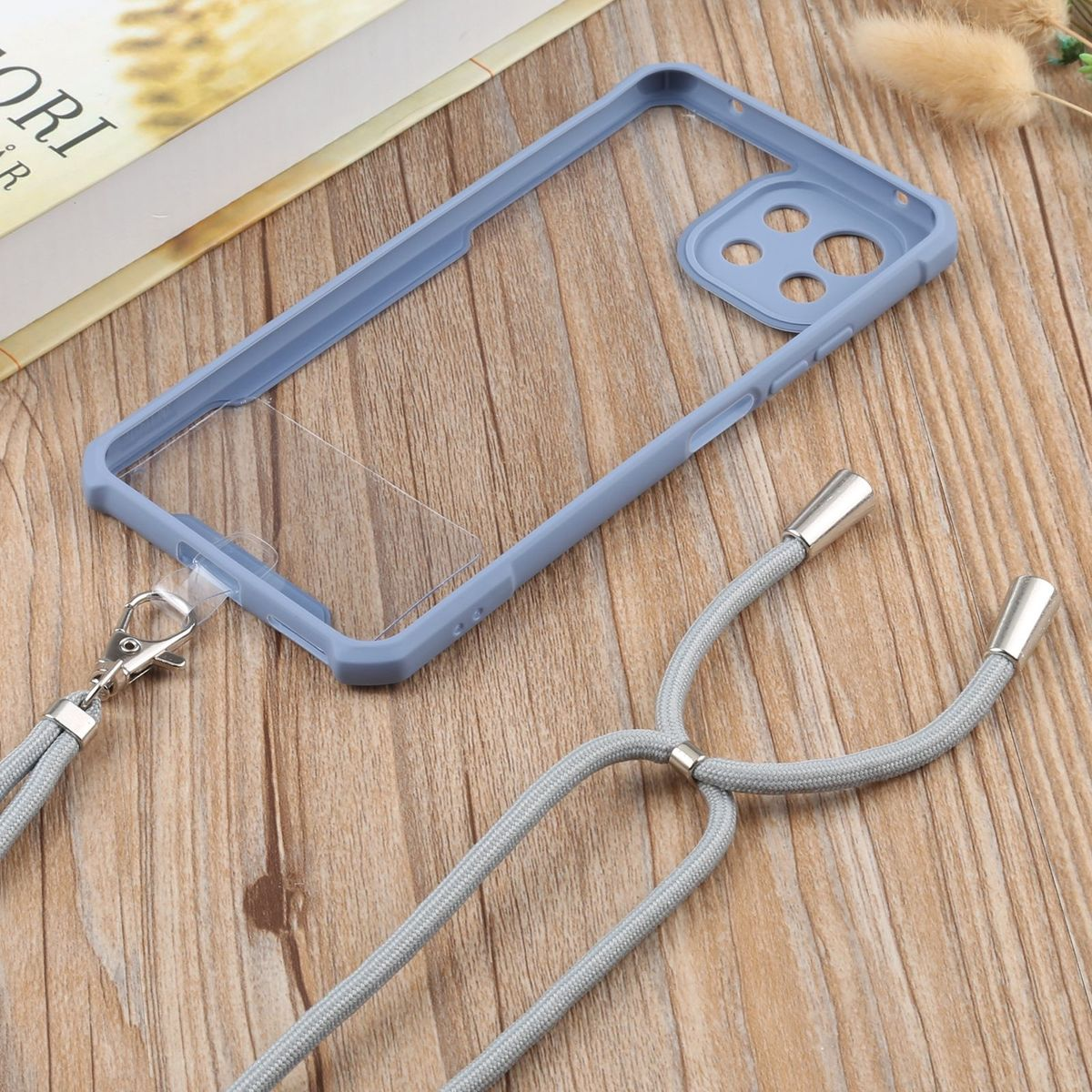 Eine blaue Handyhülle mit durchsichtigem Rücken und einem grauen Kabel mit metallischen Enden.