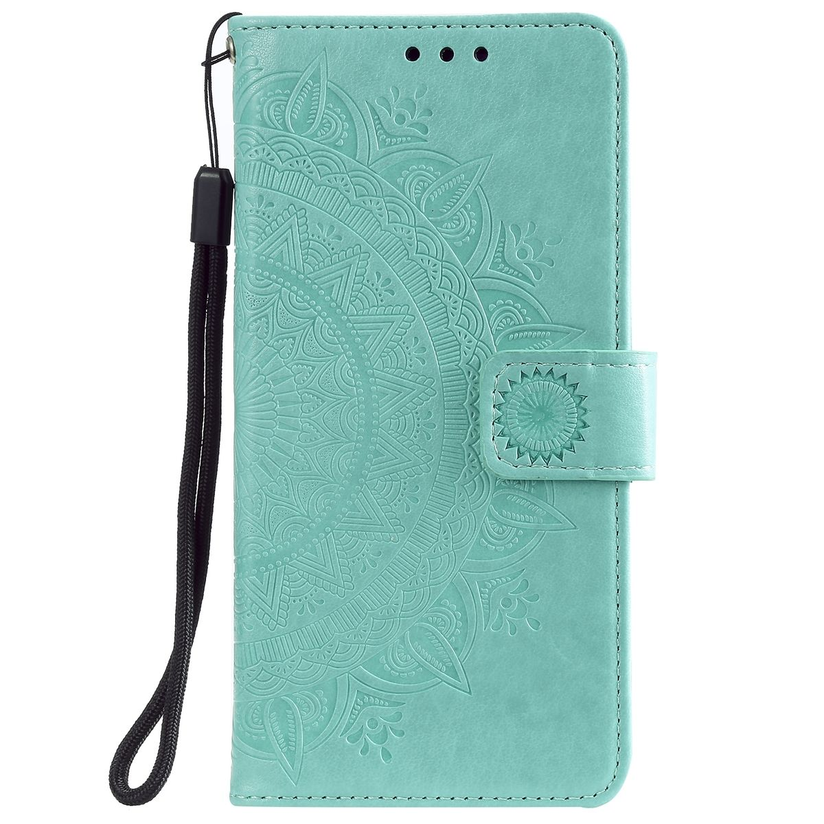 Eine türkisfarbene Handyhülle mit geprägtem Blumendesign und einer Handschlaufe.