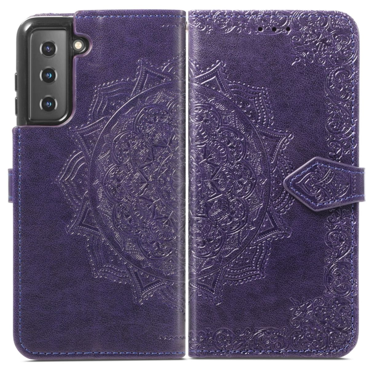 Dunkelviolette Handyhülle, geschlossen. Es hat ein geprägtes Mandala-Design auf Vorder- und Rückseite.