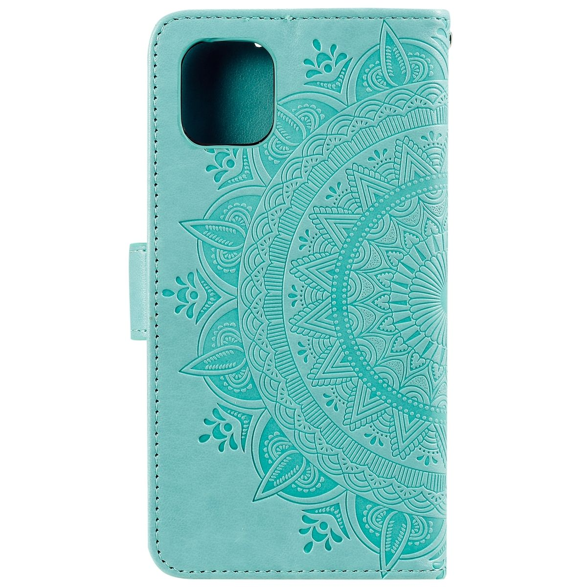 Eine türkisfarbene Handyhülle mit einem Mandala-Design auf der Vorderseite.