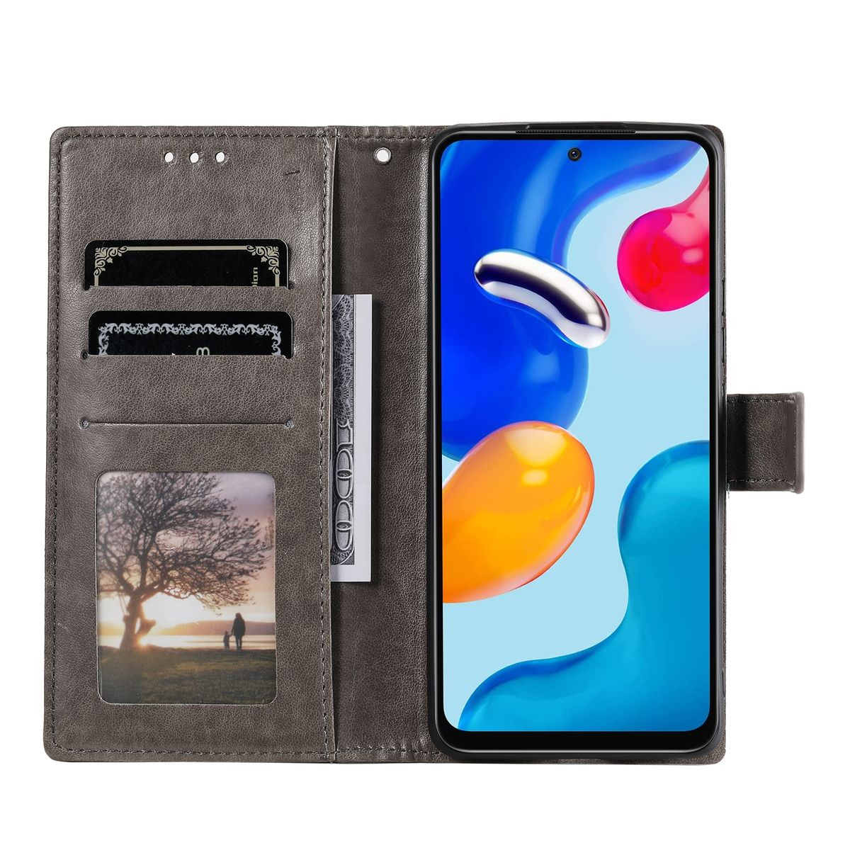 Geöffnete braune Brieftaschen-Handyhülle mit Telefon und Karten. Geldbörse ist offen.