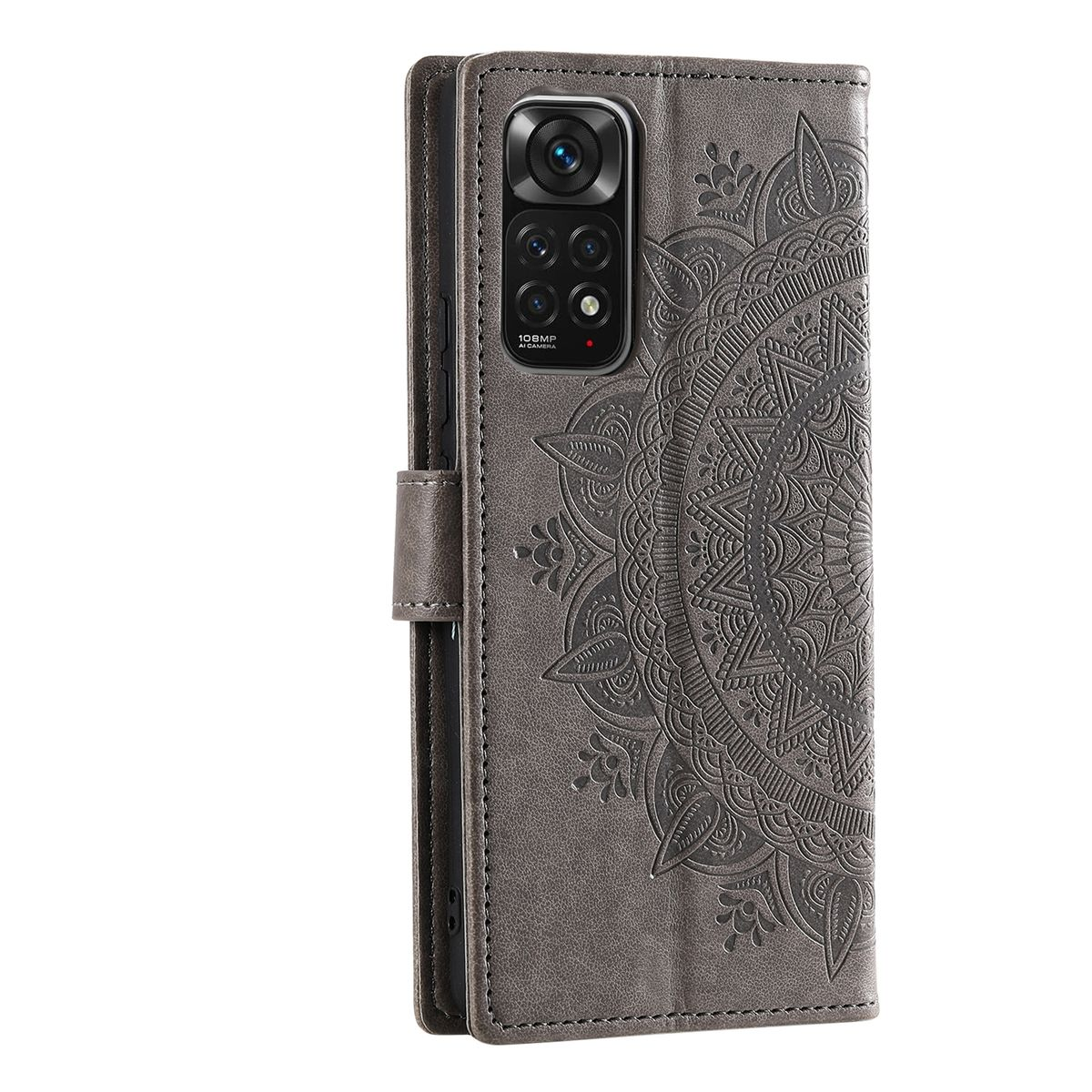 Graue Handyhülle, Mandala-Design. Die Hülle ist offen und zeigt das Telefon.