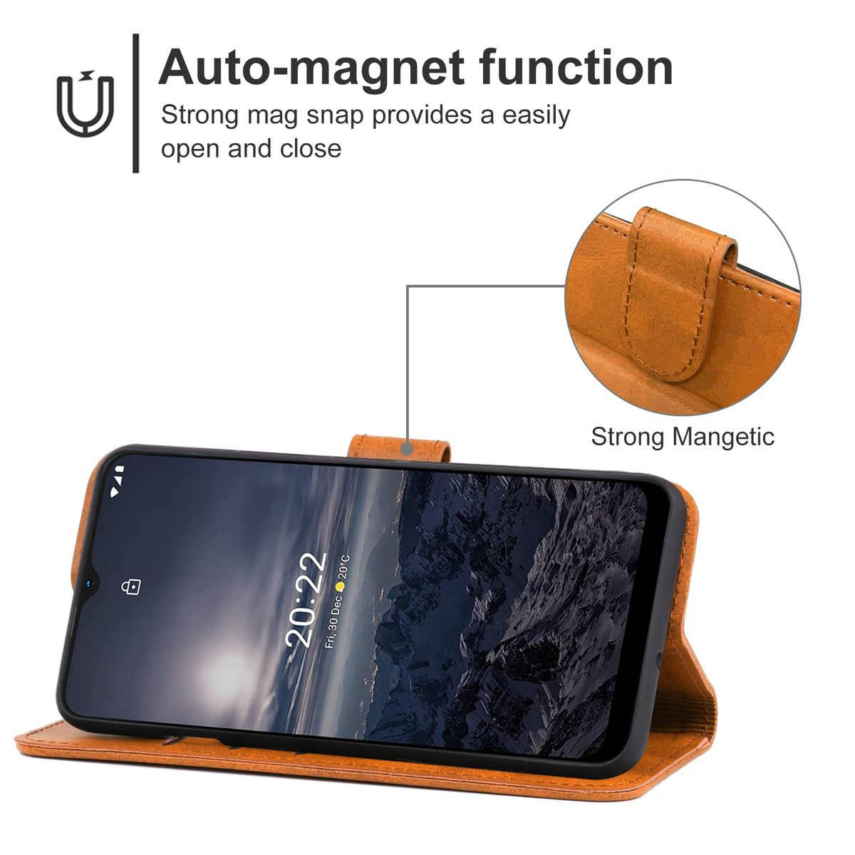 Telefonhülle: braun, offen. Telefonbildschirm zeigt die Uhrzeit. Magnetverschlussdetail. Text: Auto-Magnetfunktion.