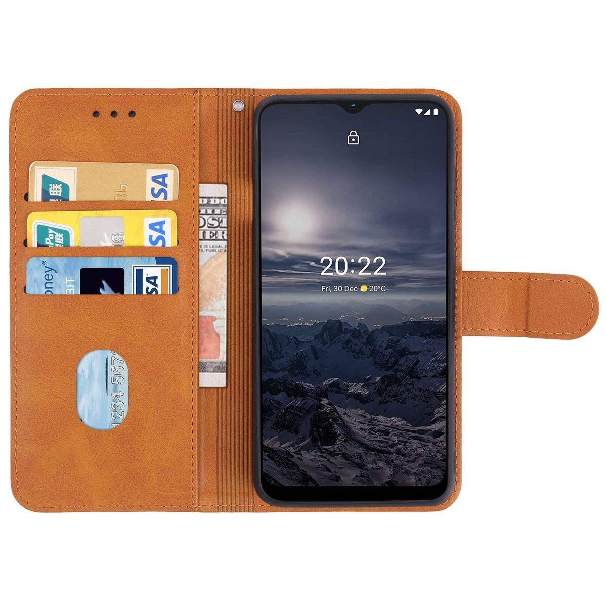 Geöffnete Handyhülle, braune Farbe. Das Telefon ist sichtbar und zeigt Uhrzeit und Datum an.