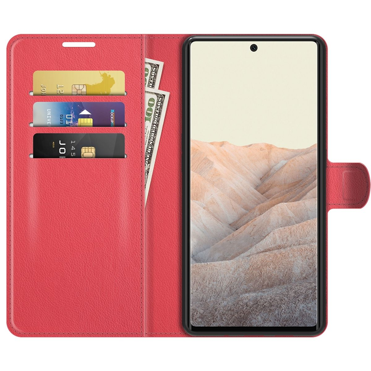 Rote Handyhülle, offen, mit Karten, Geld und Telefon. Der Hintergrund ist weiß.