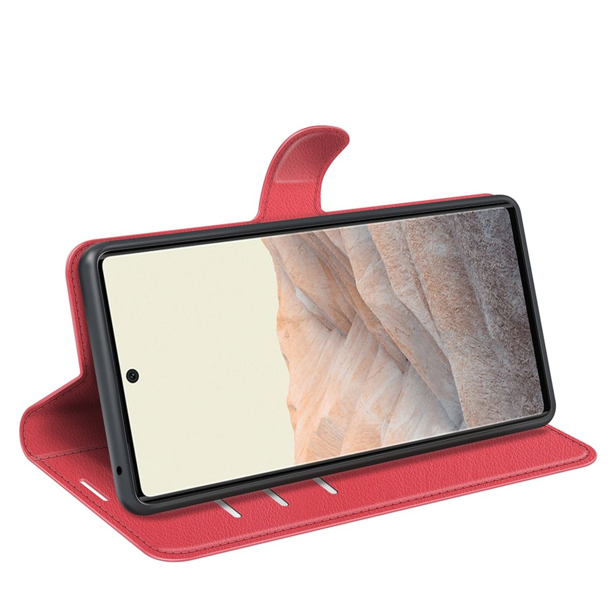 Rote Handyhülle mit hochgeklapptem Telefon. Auf weißem Hintergrund.