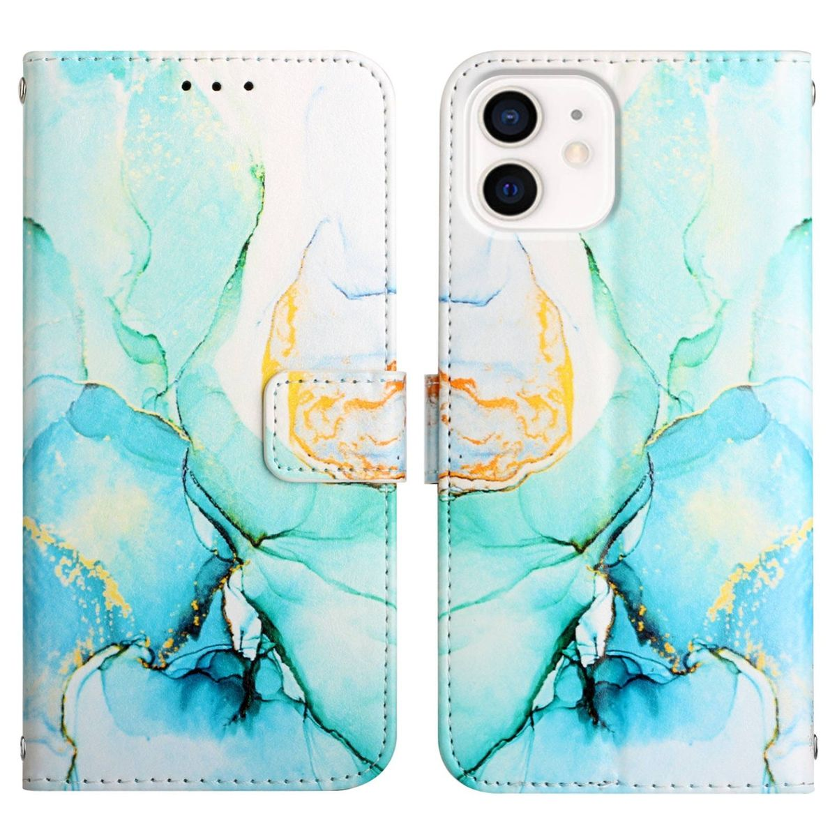 Geöffnete Handyhülle mit bemaltem Design. Knopfverschluss. Telefon ist nicht sichtbar.