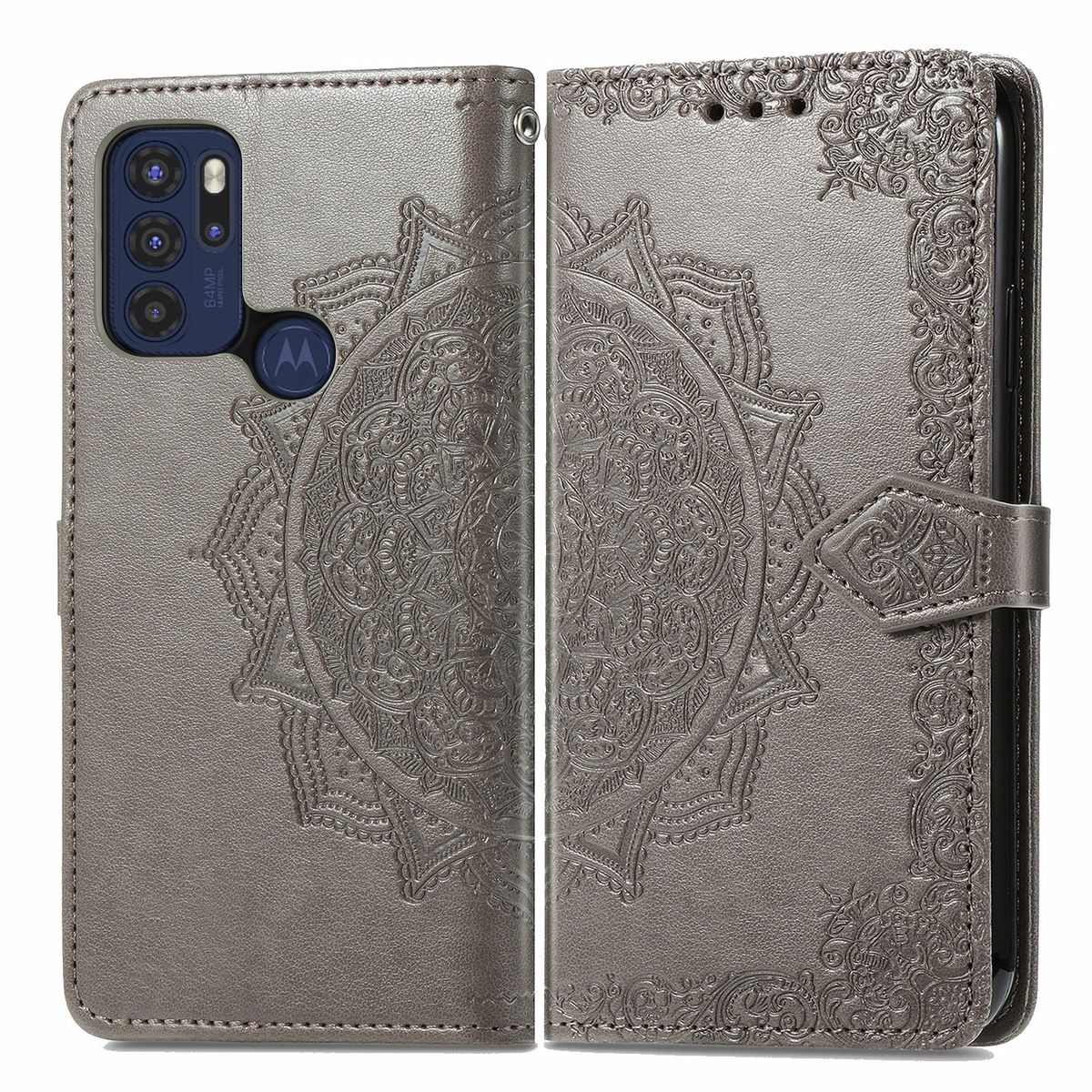 Graue Handyhülle, offen, zeigt Telefon. Ein Mandala-Design ist auf die Hülle geprägt.