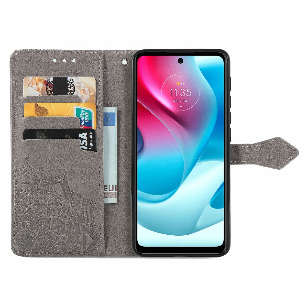 Graue Handyhülle mit Karten und einem Telefon. Die Hülle hat ein Mandala-Design.