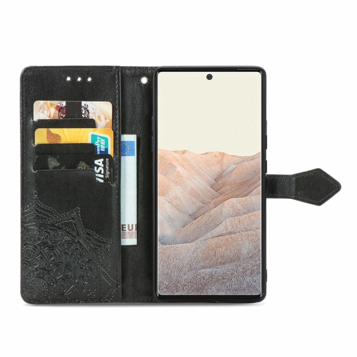 Schwarze Handyhülle offen, mit Telefon, Karten und Bargeld. Es hat ein Mandala-Design.