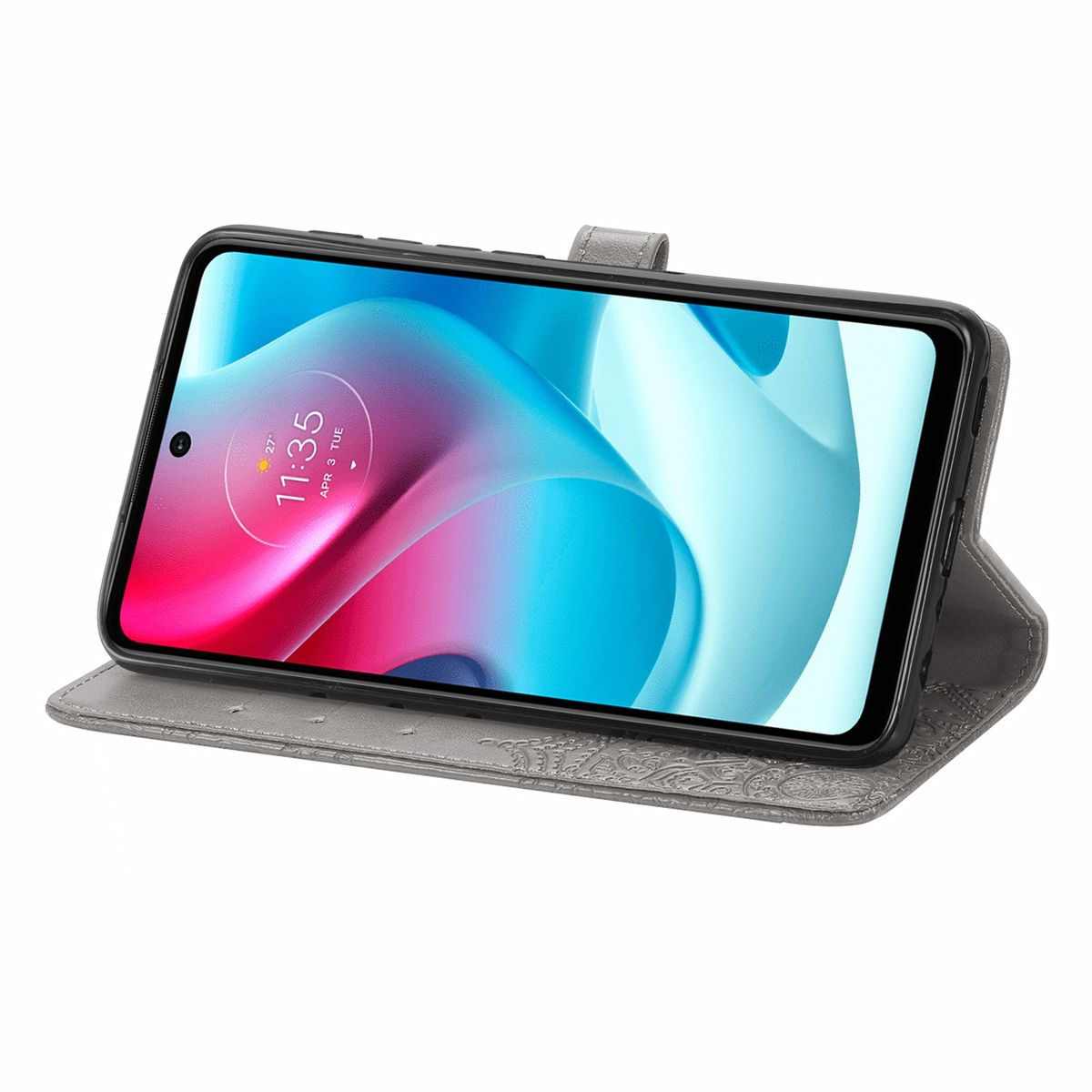 Telefon mit Benutzeroberfläche, in grauem Folio-Case, offen auf einer Oberfläche.