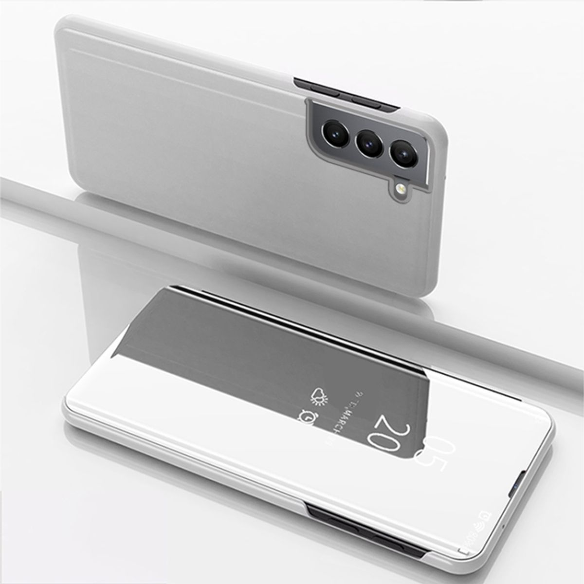 Graue Handyhülle mit Spiegelanzeige, Datum und Uhrzeit sichtbar. Telefon und Hülle liegen auf reflektierender Oberfläche.