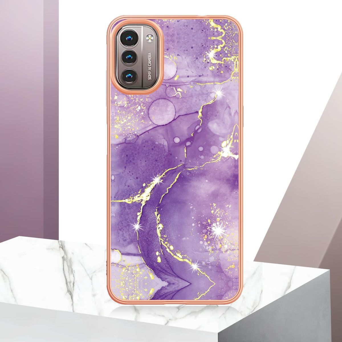 Lila Handyhülle mit Marmordesign, goldenen Akzenten und Telefon mit Kamera.