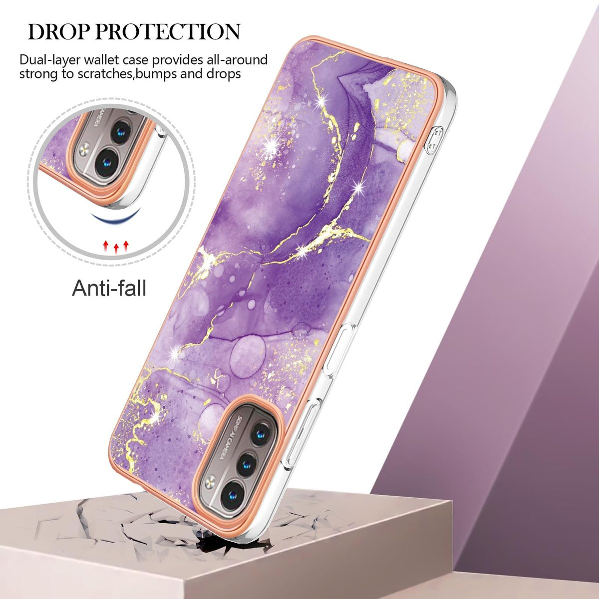 Lila Handyhülle. Ein Telefon ist drin, mit marmorähnlichem Design. Anti-Fall-Nachricht ist sichtbar.