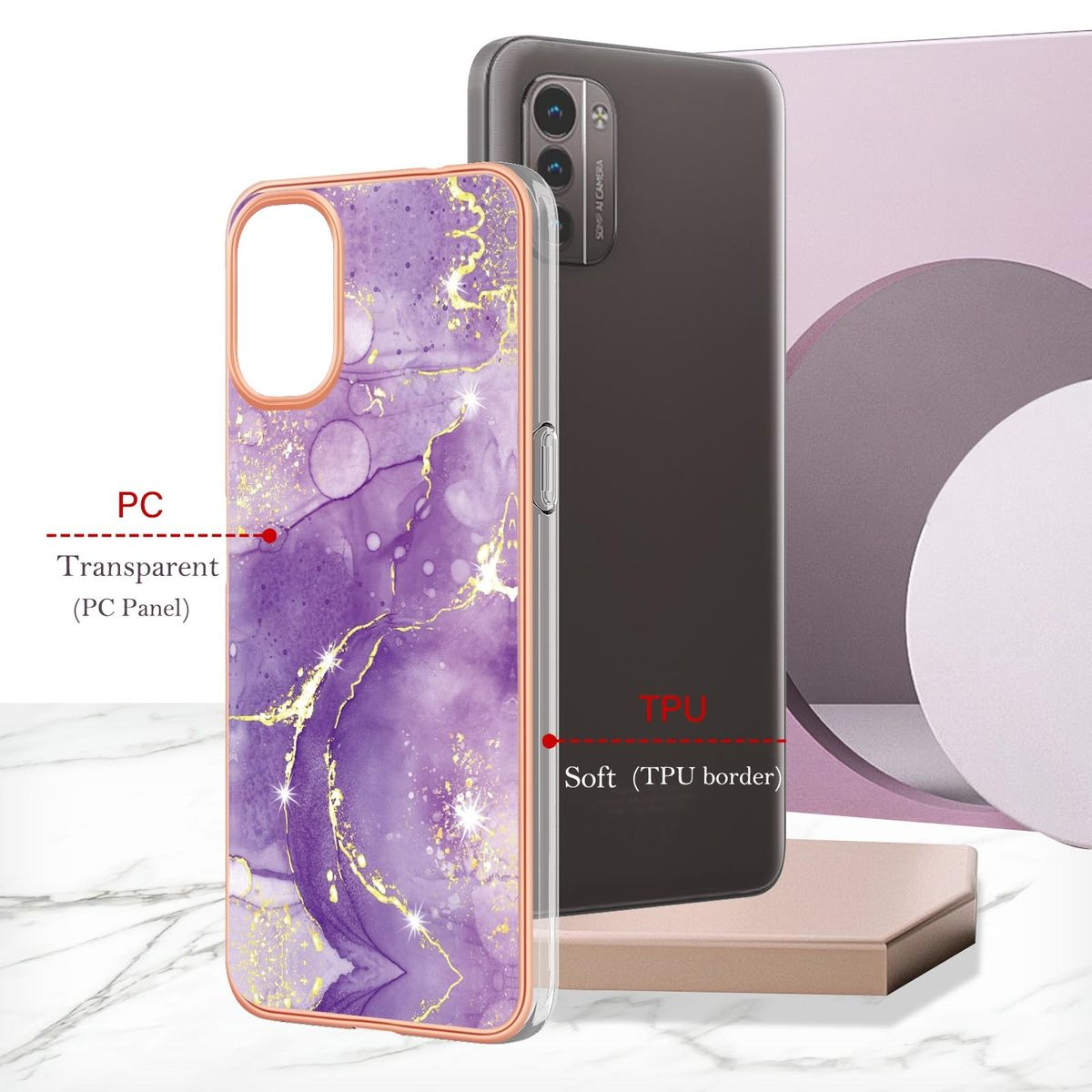Handyhülle, lila Marmor-Design, Telefon darin. Textkennzeichnungen PC, TPU.
