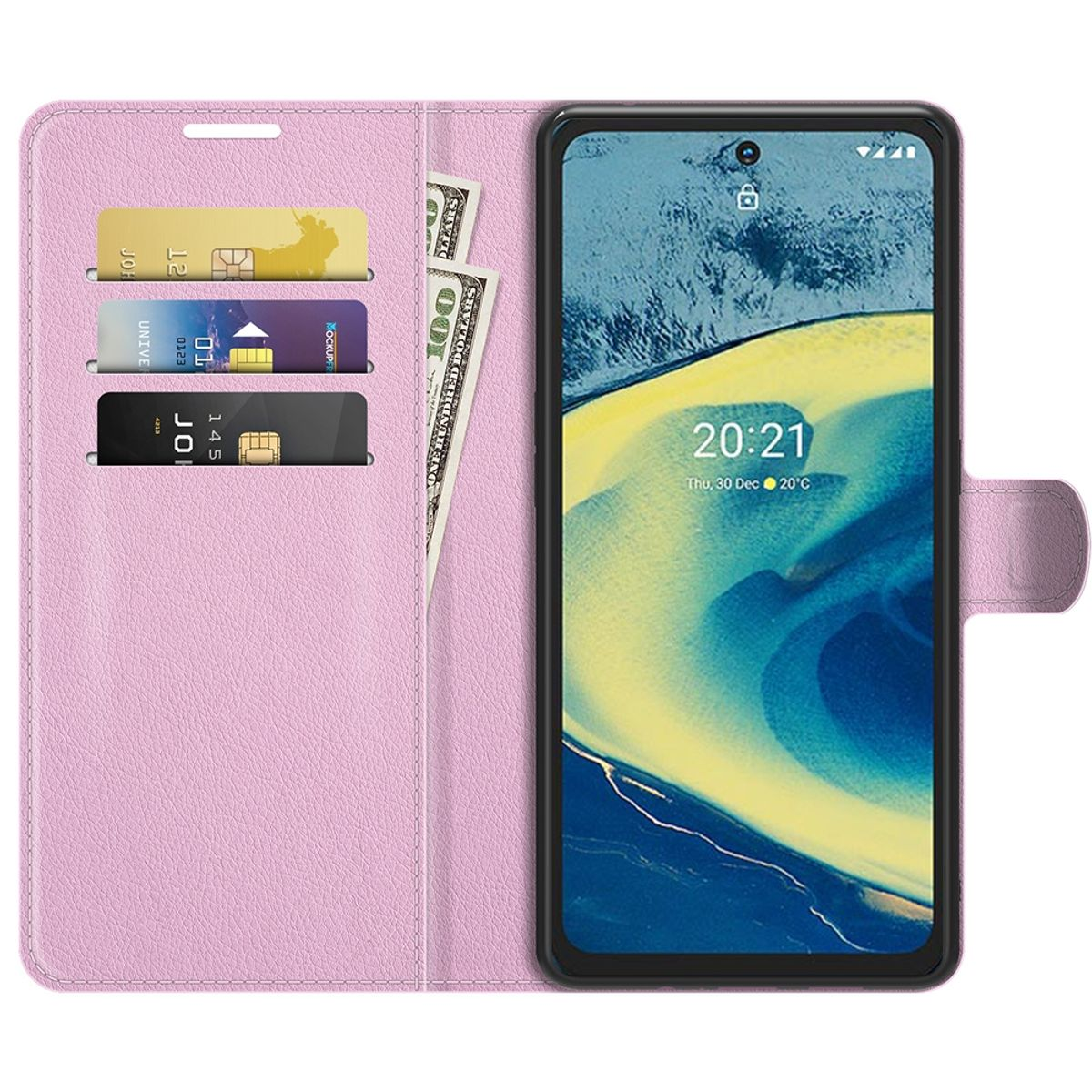 Rosa Handyhülle geöffnet, mit Telefon darin. Es gibt Karten und Geld in der Hülle.