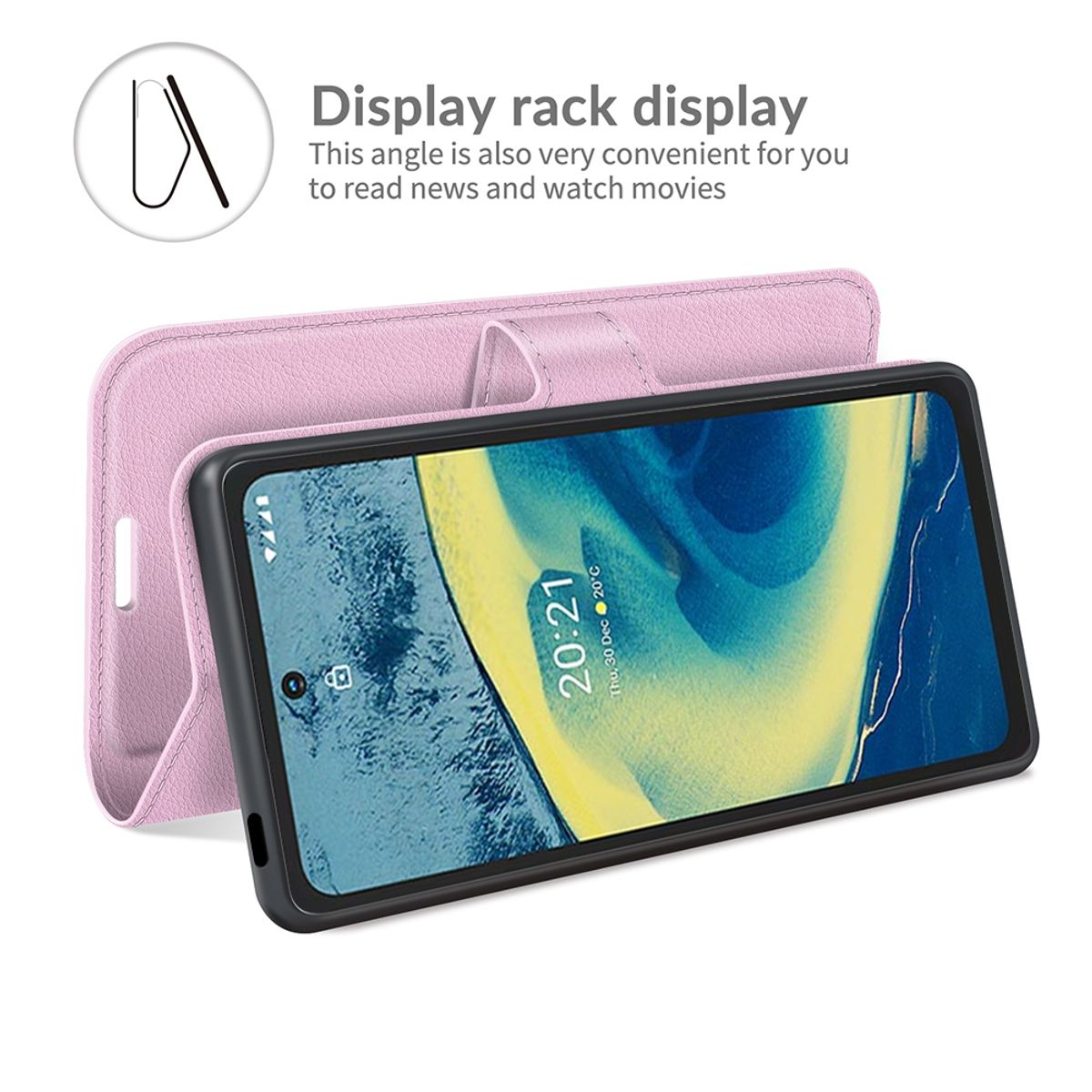 Rosa Handyhülle mit Telefon darin. Zeigt Uhrzeit und Datum auf dem Bildschirm.