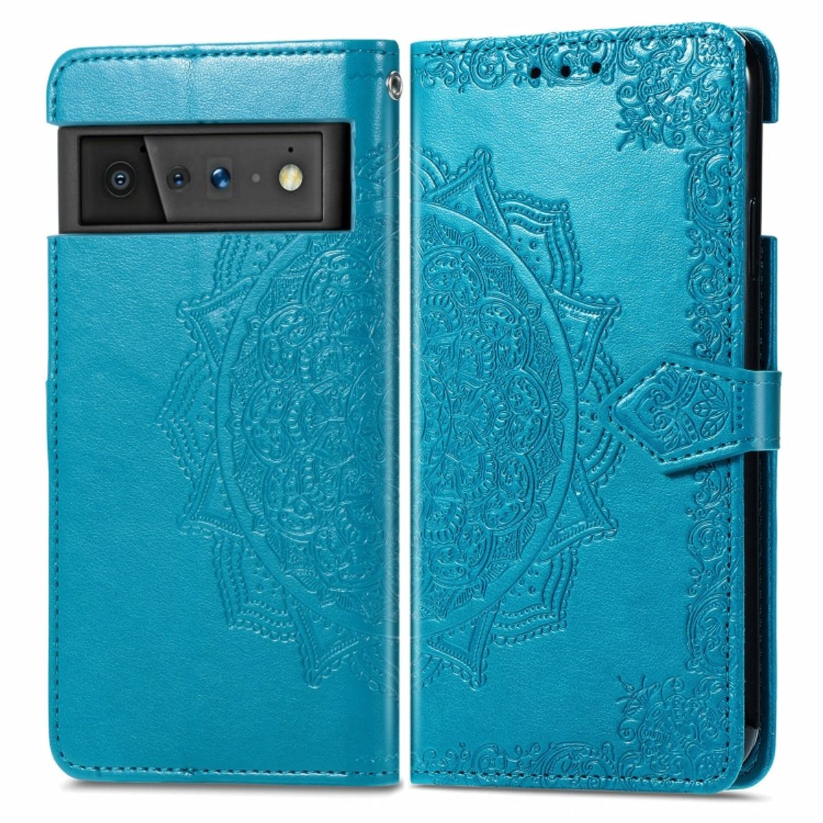 Türkisfarbene Handyhülle offen, zeigt ein Telefon mit Mandala-Design. Die Hülle ist aus Leder mit Knopfverschluss.