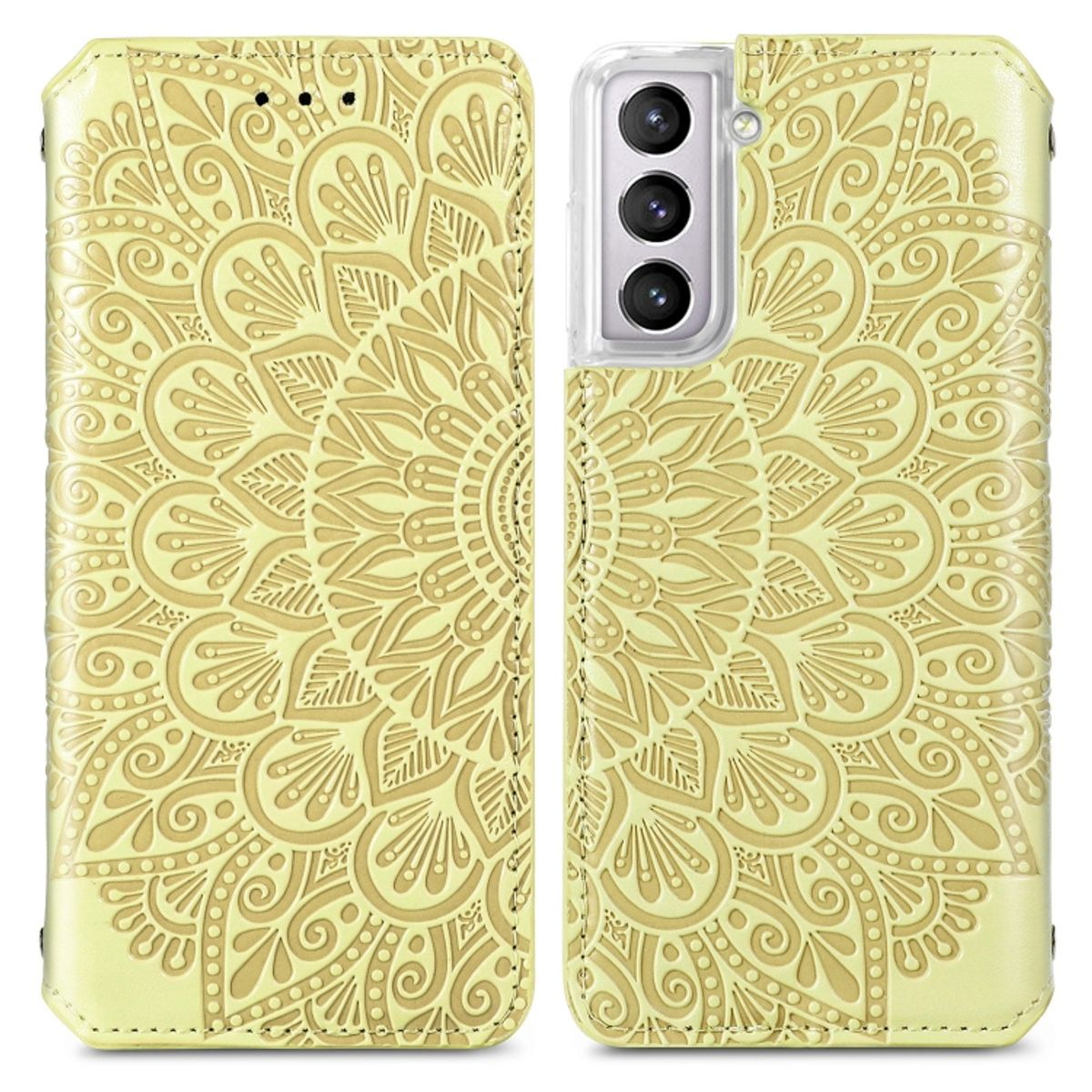 Gelbe Handyhülle, offen, zeigt Telefon rechts und Mandala-Design links.