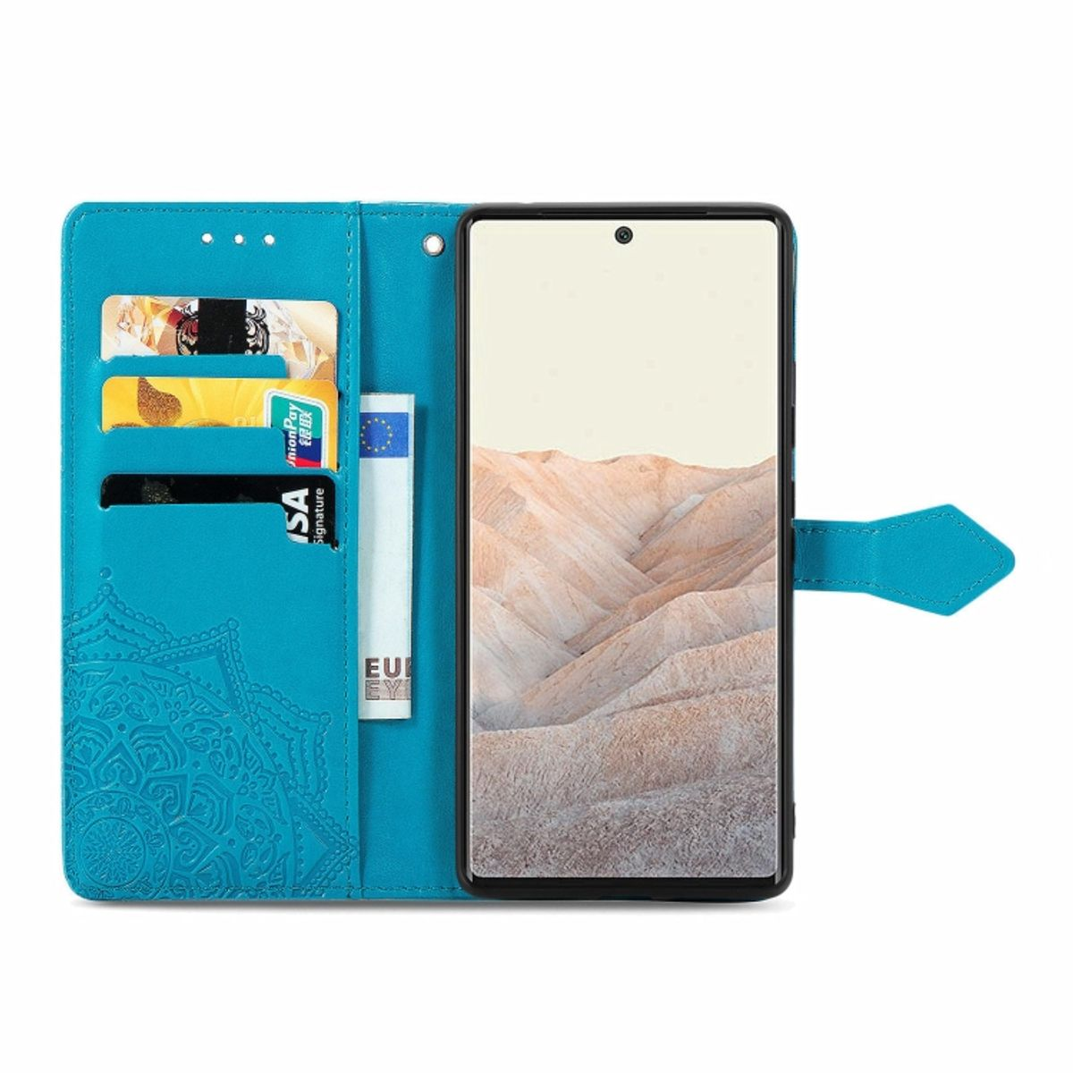 Türkisfarbene Handyhülle mit Karten und Telefon. Türkis Design mit Klappe.