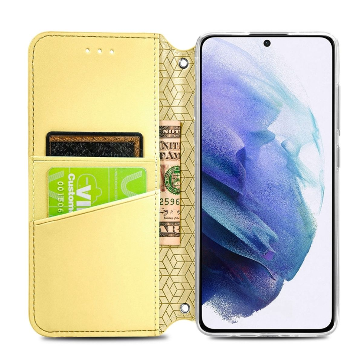 Gelbe Handyhülle offen, Telefon und Karten innen, geometrisches Design.