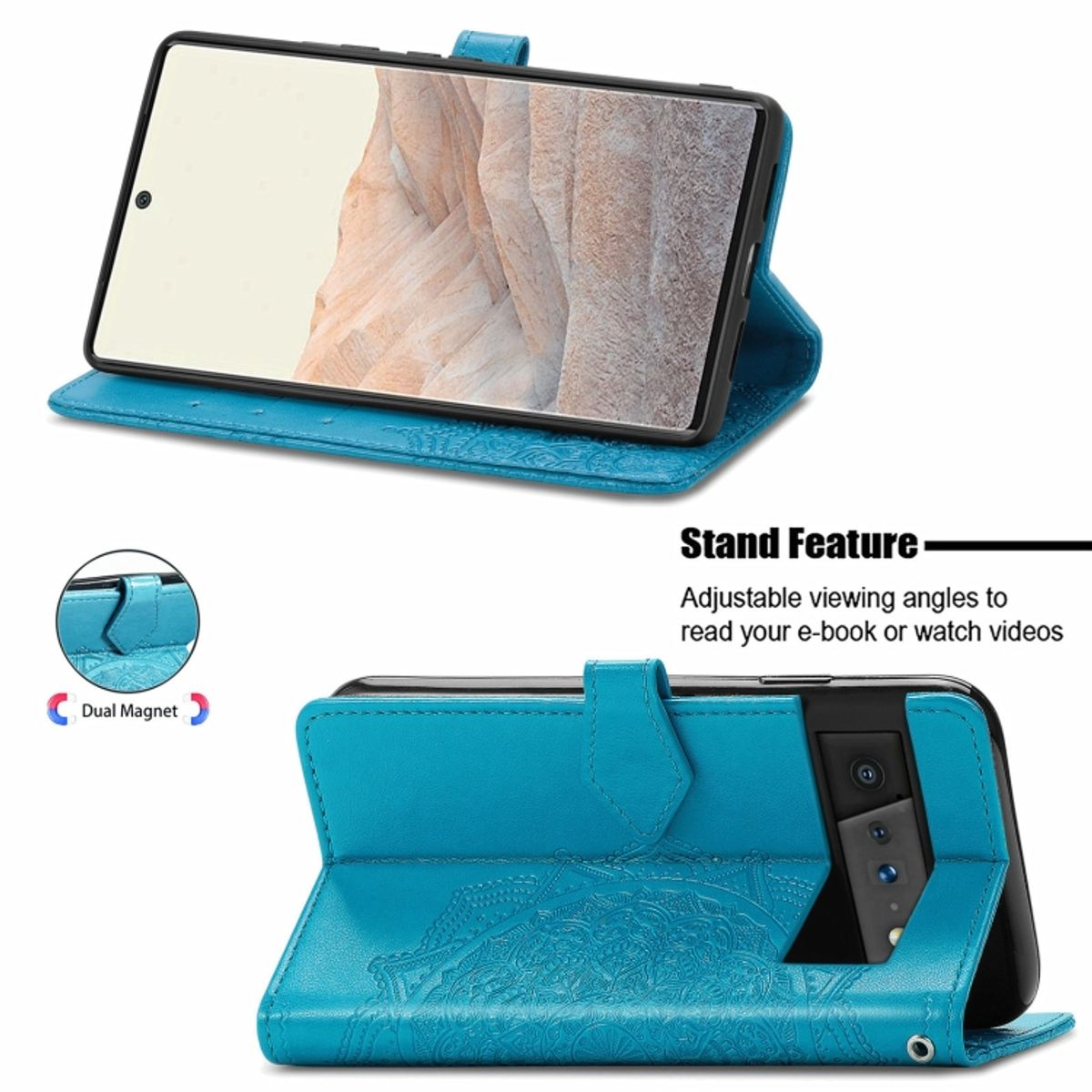 Blaue Handyhülle offen. Telefon in der Hülle. Standfunktion und Standfunktionsillustration.