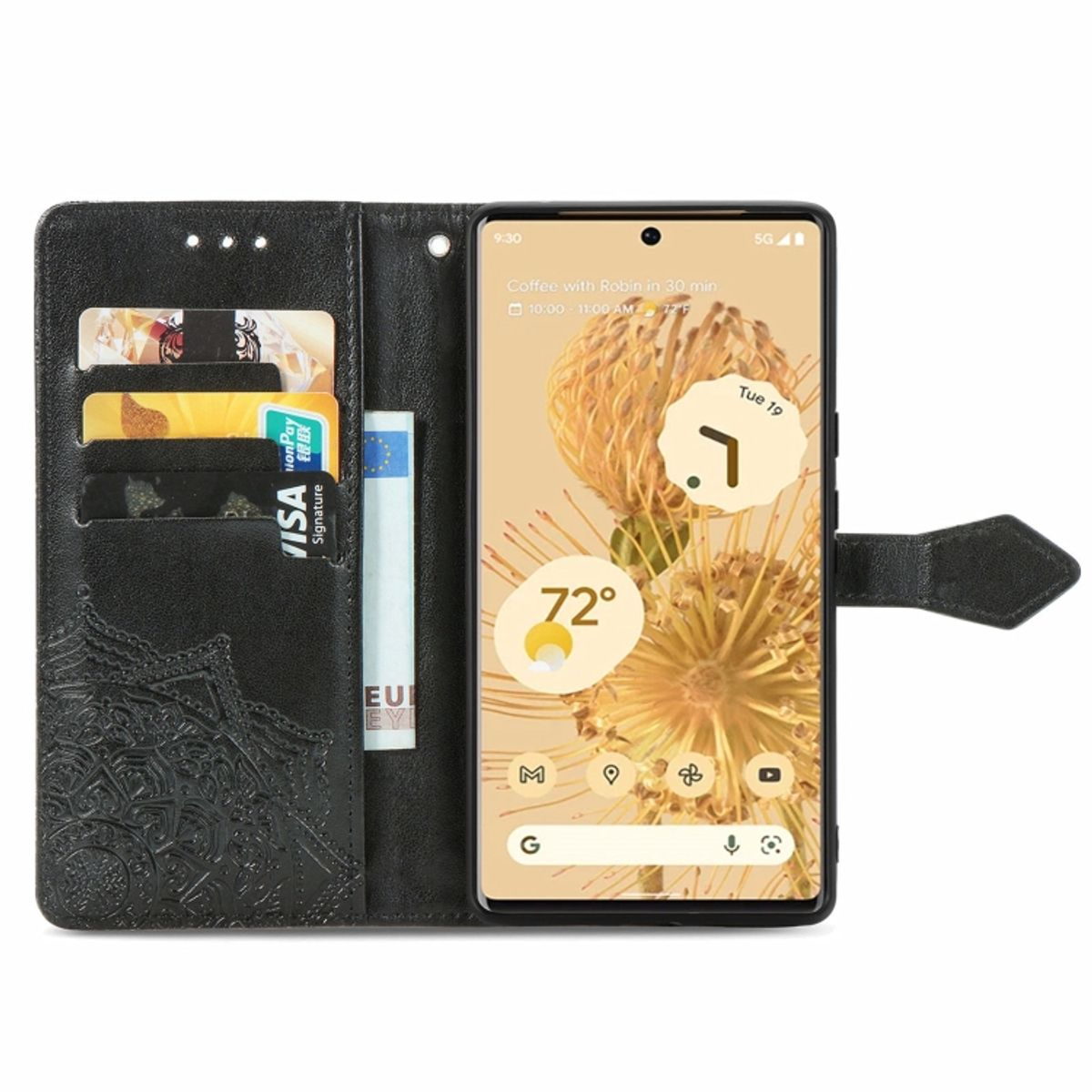 Schwarze Handyhülle, offen, mit Karten, Bargeld und Telefon, das einen Bildschirm anzeigt.