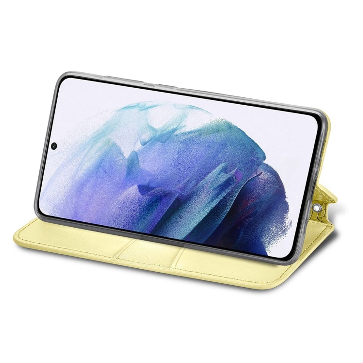 Telefon mit Benutzeroberfläche, in gelbem Folio-Case, offen auf einer Oberfläche.