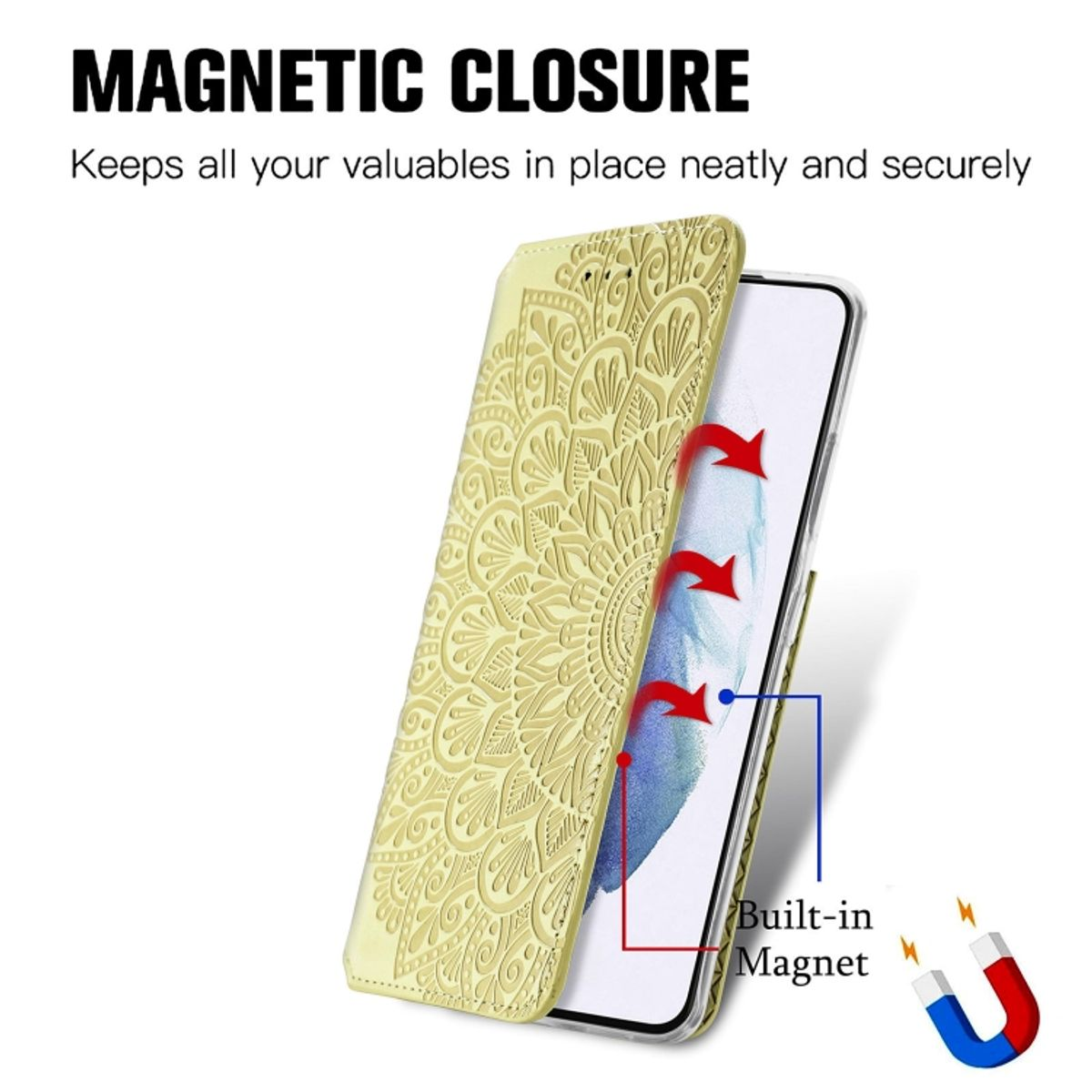 Handyhülle mit gelbem Mandala-Design. Das Telefon ist geöffnet, der Magnet wird hervorgehoben.