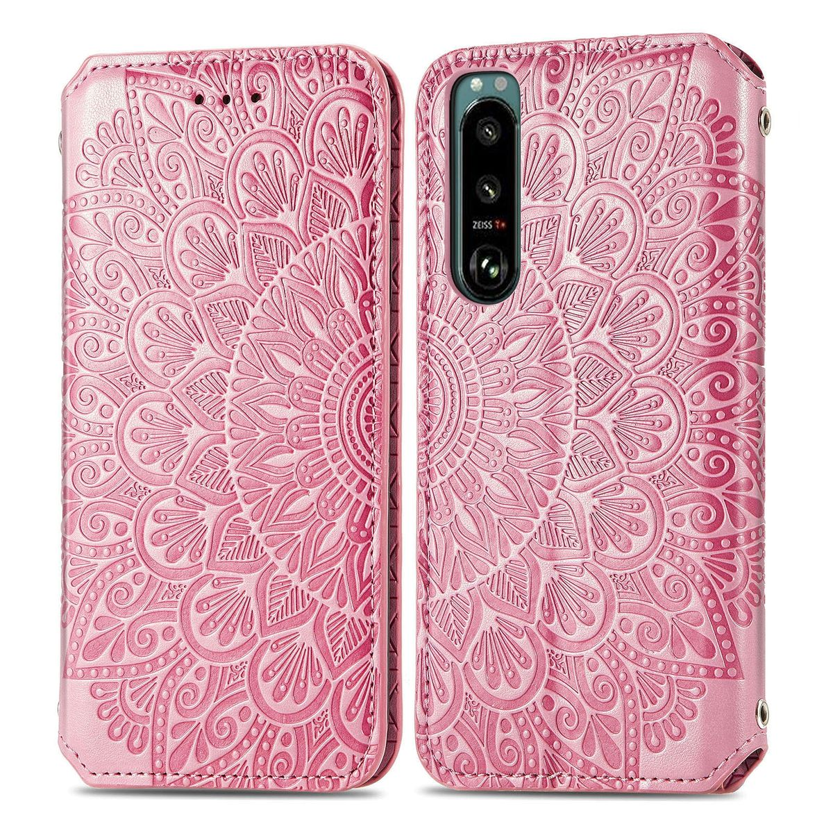 Rosa Handyhülle mit floralem Design. Das Etui ist in offener und geschlossener Ansicht.