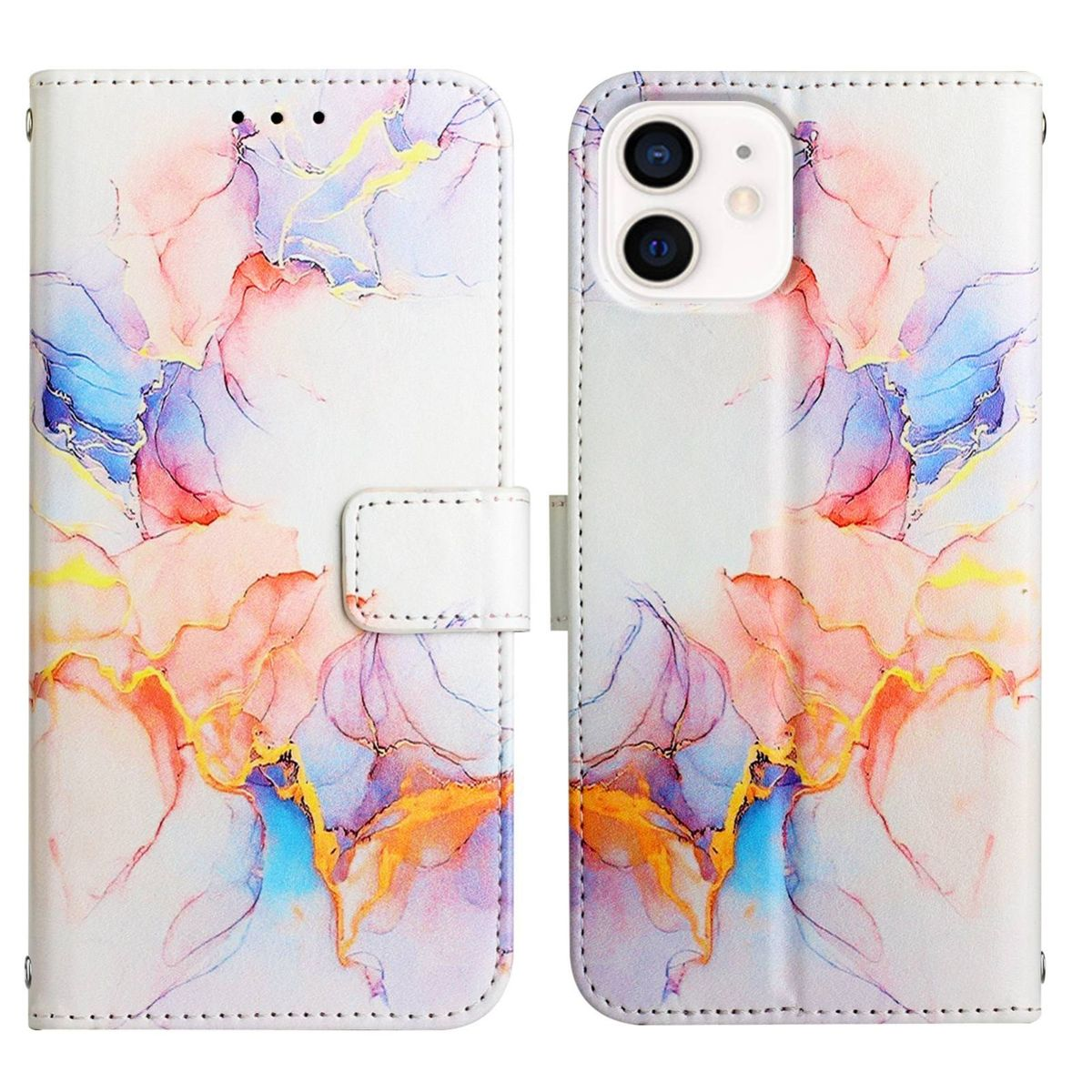 Weiße Handyhülle, offen, mit abstraktem, farbenfrohem Design. Telefon im Inneren. Der Hintergrund ist weiß.