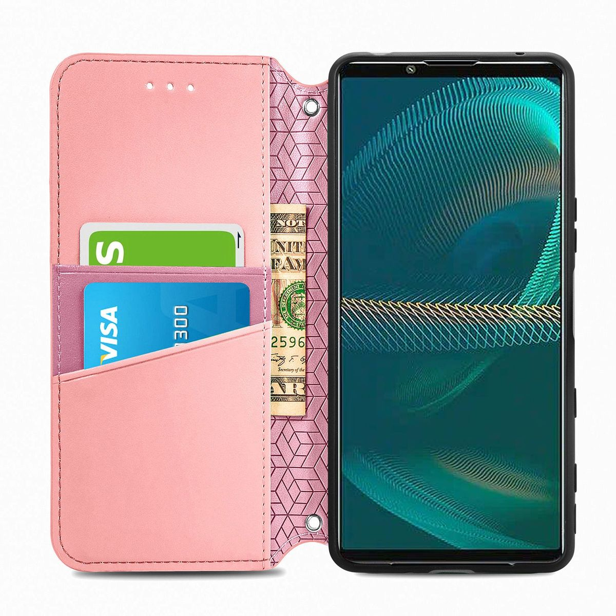 Offene rosa Handyhülle mit Telefon und Karten. Auch ein Dollarnote ist sichtbar.