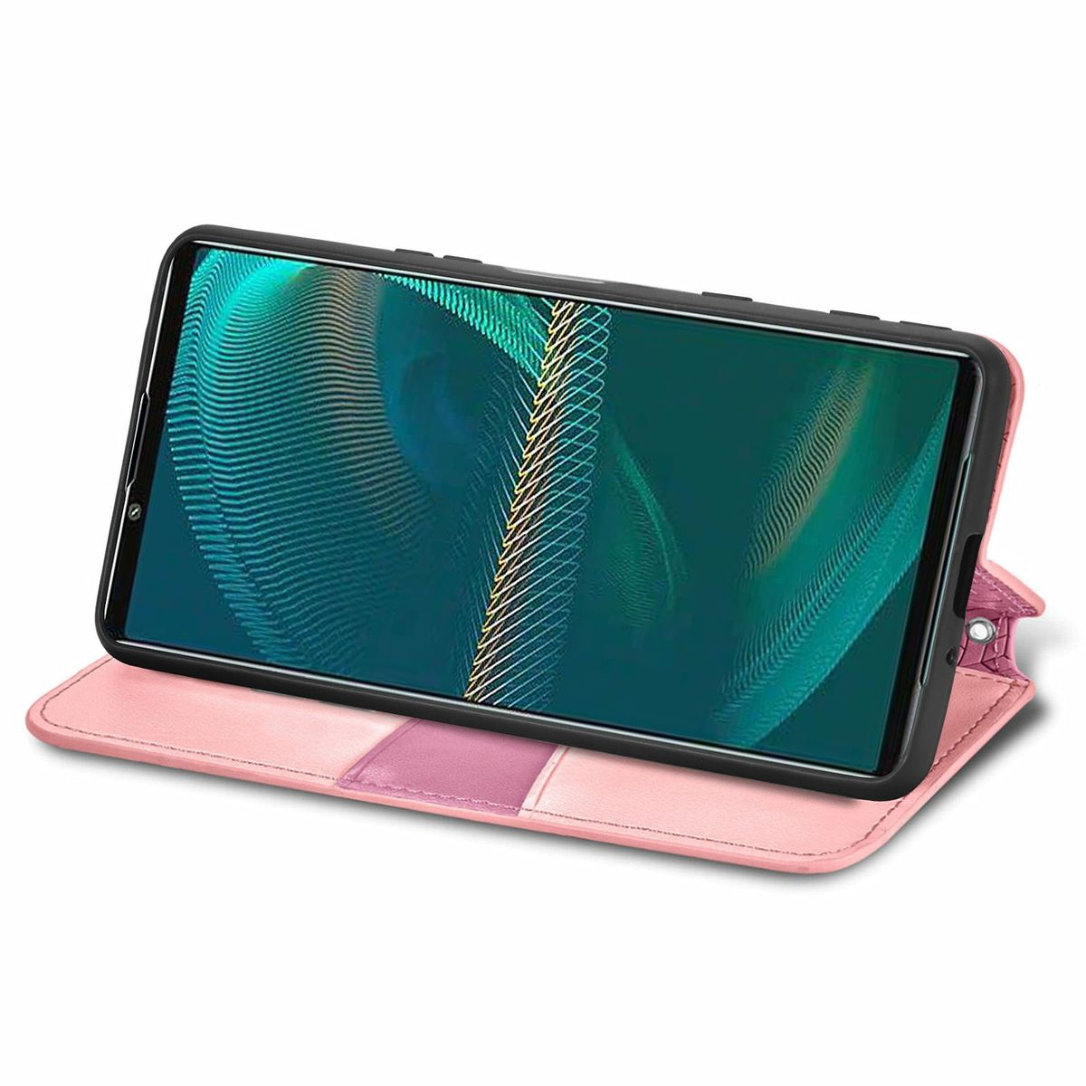 Telefon in einer rosa Hülle, die den Bildschirm zeigt, auf weißem Hintergrund.